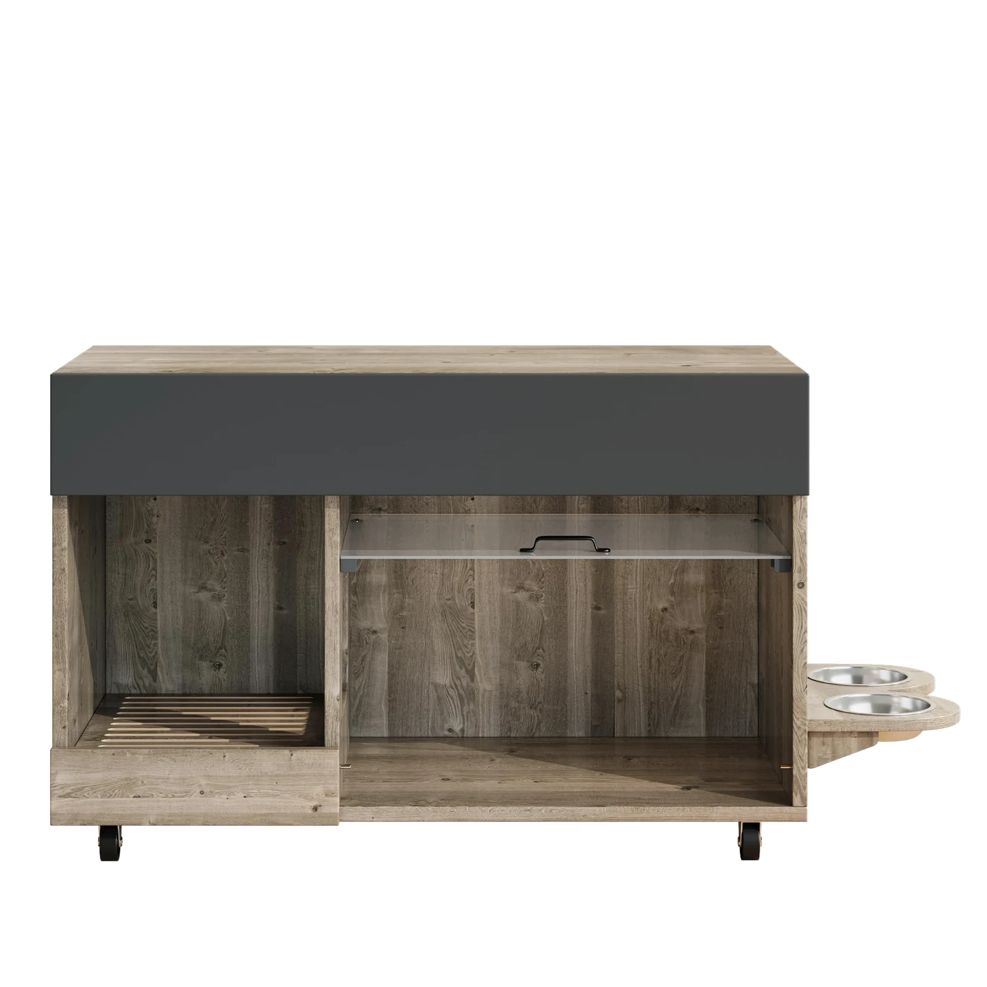 REXO Lettiera mobile per gatti con piatto per cibo per gatti, vassoio di raccolta della sabbia, piastra forata con gancio, senza lettiera per gatti, 100 × 45,5 × 67 cm, grigio antico e marrone, colore