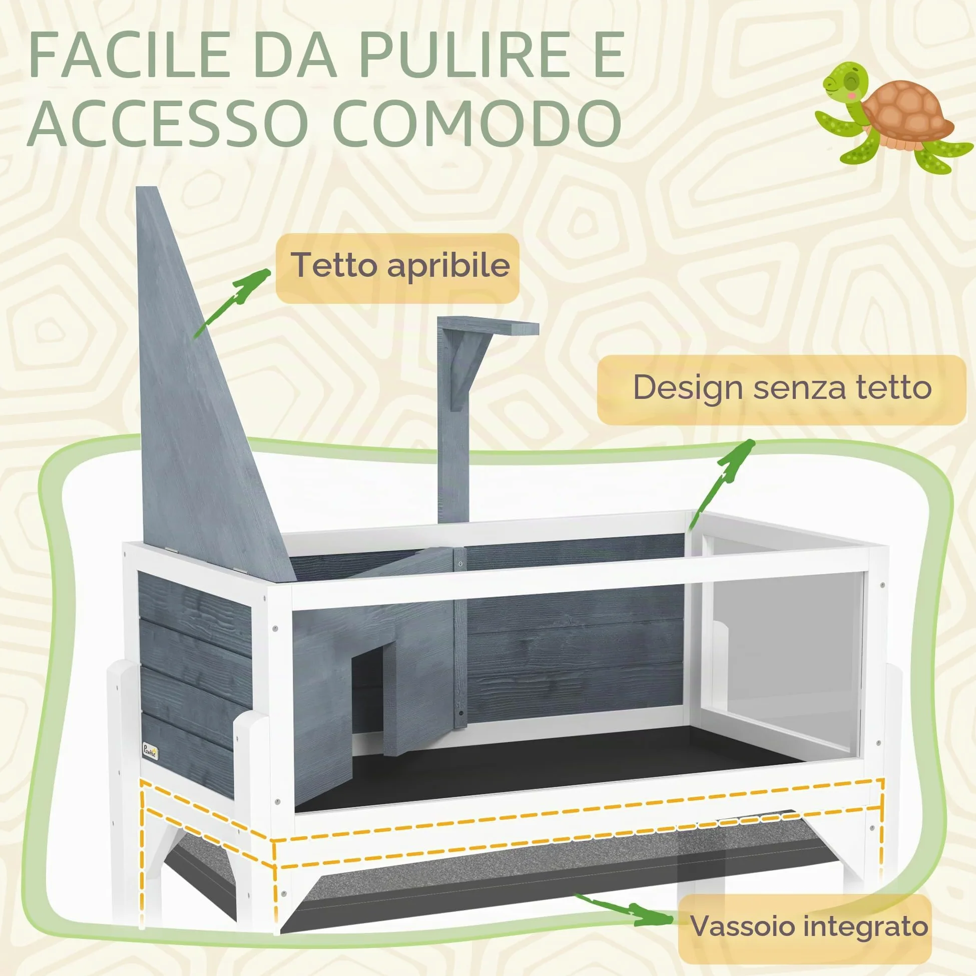 PawHut Casa per tartarughe su piedini a 2 zone - terrario per tartarughe terrestri con tetto apribile e zona interattiva - recinto 90 cm, supporto lampada, vista panoramica e ripiano - grigio
