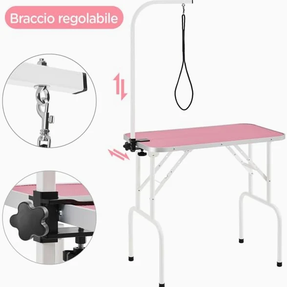 Yaheetech Tavolo da Toelettatura Cani Tosatura per Cani Gatti Animali Pieghevole con Laccio Portata 100 kg Rosa