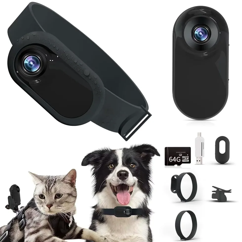 HD 1080P Collare per Cani con Localizzatore, WiFi, Collare con Telecamera per Gatti, con Registrazioni Video, Regalo per Gatti e Cani, Nero