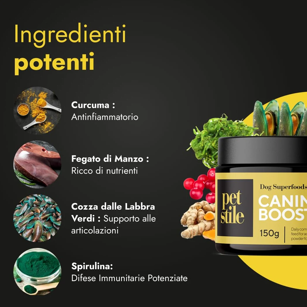 Canine Booster – Integratore per Cani Adulti con Cozza Verde, Curcuma e Probiotici per Articolazioni, Digestione, Pelle, Pelo e Sistema Immunitario (1x 150 g)