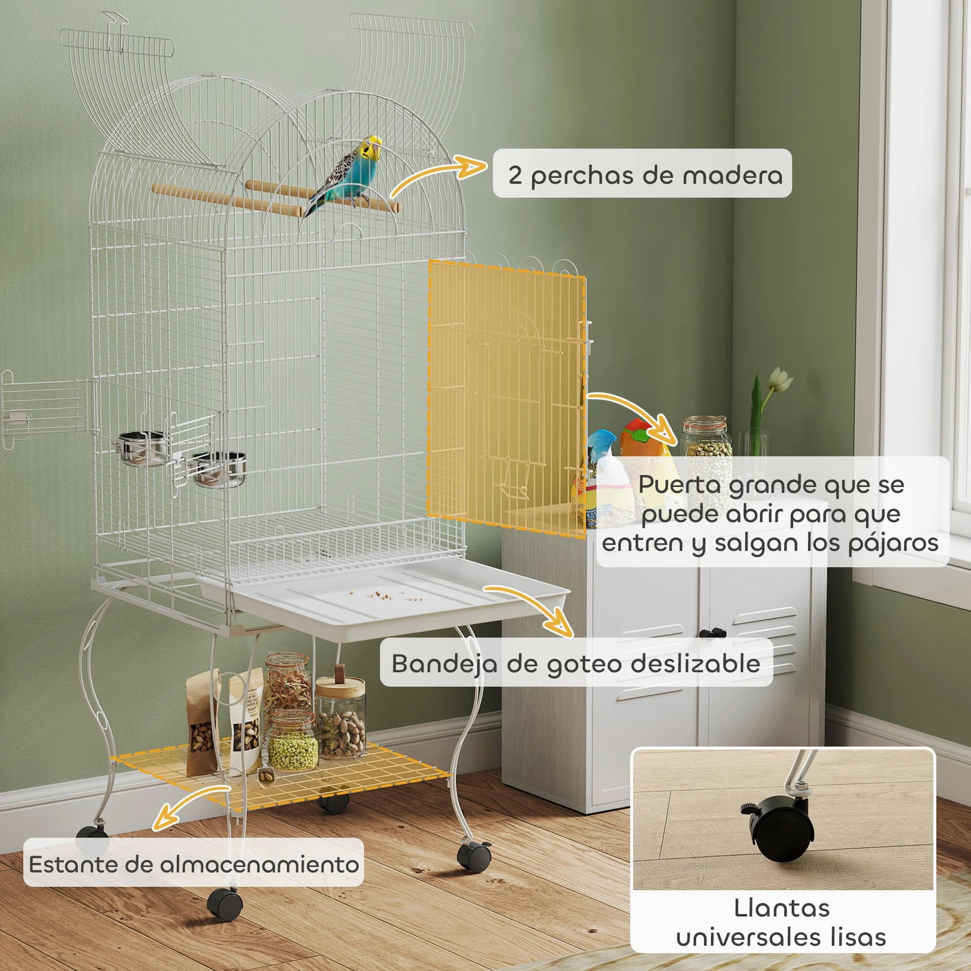 PawHut Gabbia per uccelli con ruote e ripiano, 51x51x153 cm, gabbia grande con parte superiore ribaltabile, 2 mangiatoie, 2 posatoi, 4 porte e vassoio estraibile, per pappagalli e canarini, bianco