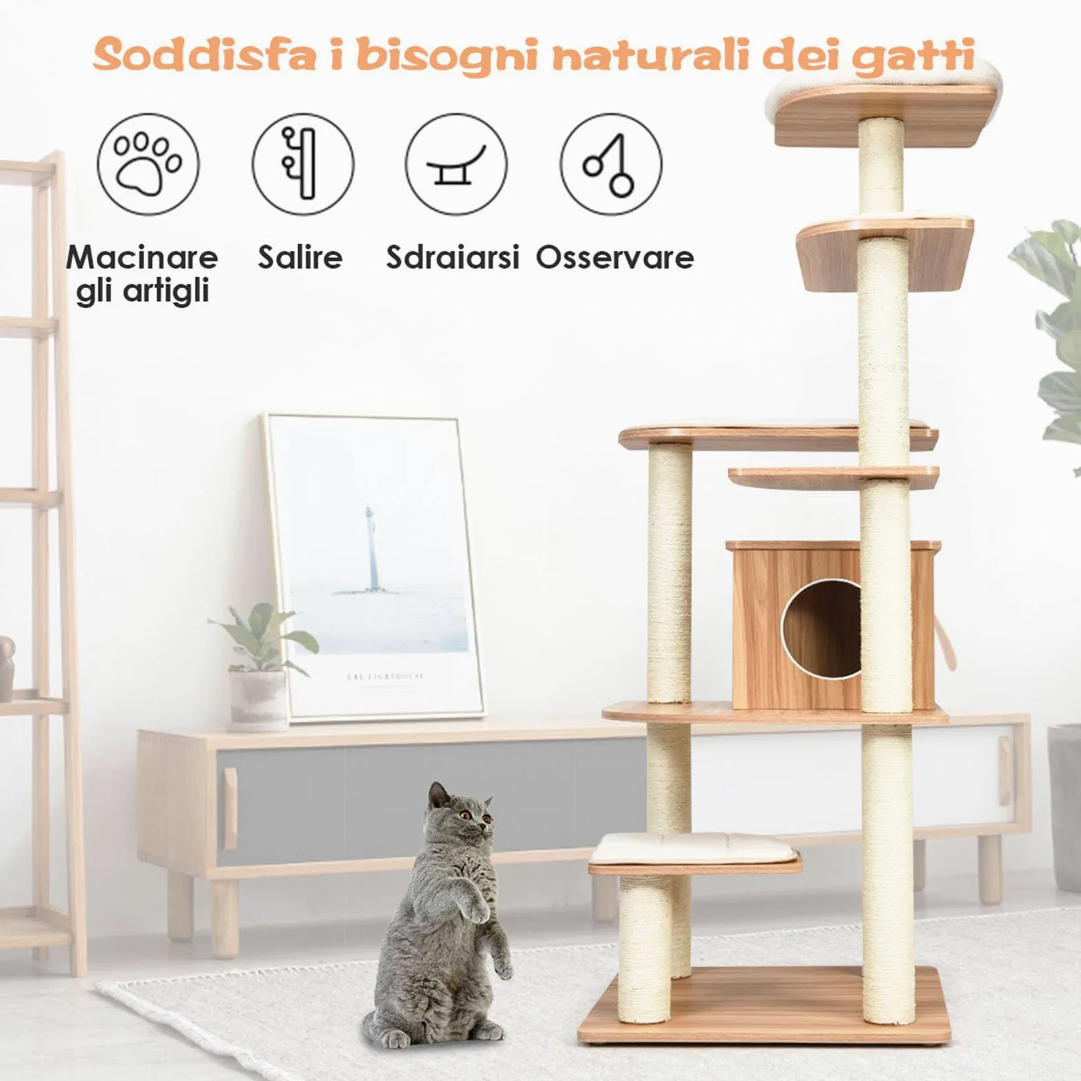 COSTWAY Tiragraffi per Gatti 176cm, Albero per Gatti Adulti XXL con Corda Sisal, Cuccia, Piattaforma e Cuscini, 86,5 x 86,5 x 176cm, Nero e Naturale