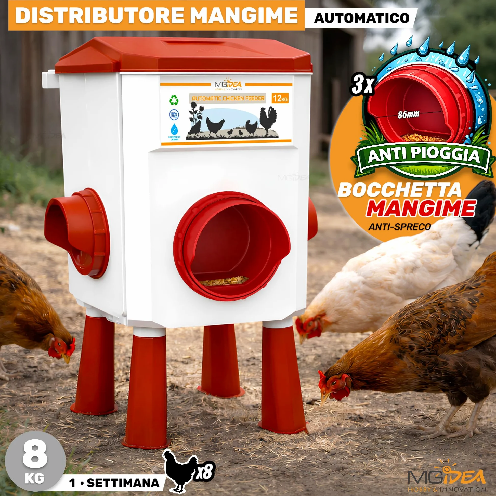 KIT MANGIATOIA ABBEVERATOIO GALLINE DISPENSER AUTOMATICO SISTEMA DISTRIBUTORE ACQUA MANGIME POLLAIO REGOLABILE GIARDINO PULCINI (8 Kg + 7 Lt)