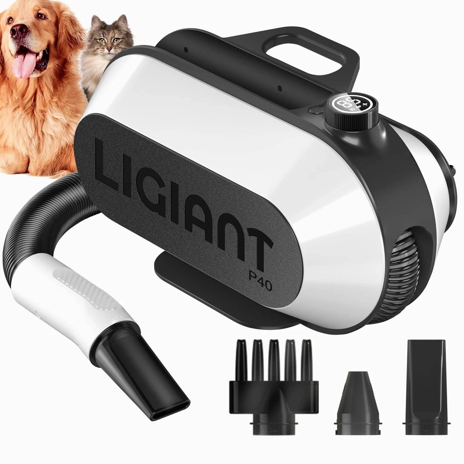 LIGIANT P40 Asciugacapelli per Cani Blower, Ultra Silenzioso (40 Db modalità Gatto), 3 Bocchette in 1, velocità & Temperatura Regolabili, Tecnologia a Ioni Negativi, Compatto e per Cani e Gatti