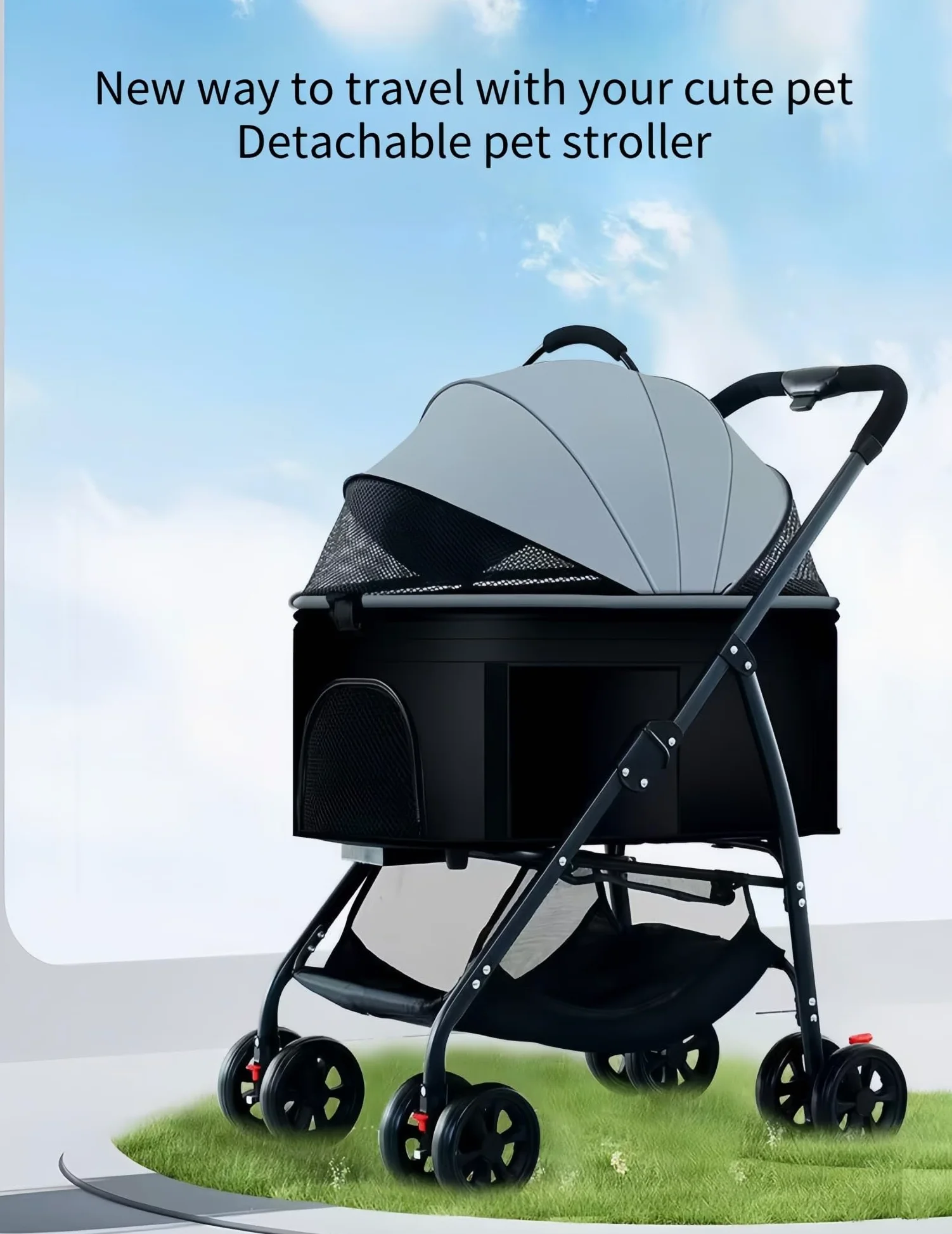 Passeggino da viaggio per animali domestici, pieghevole, per cani e gatti, con cestino portaoggetti e portabicchieri per un comodo viaggio