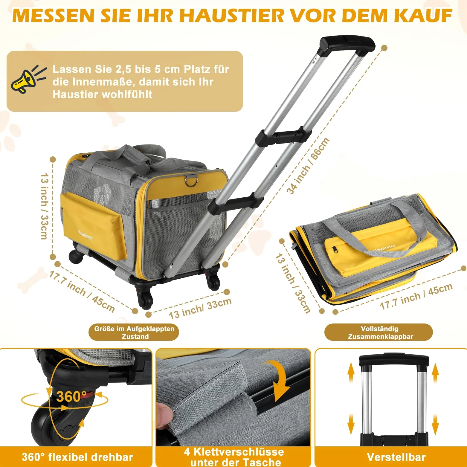 Trasportino per cani con ruote, 45 x 33 x 33 cm, con trolley per auto e aereo, pieghevole, traspirante, portatile, per cani e gatti fino a 9 kg