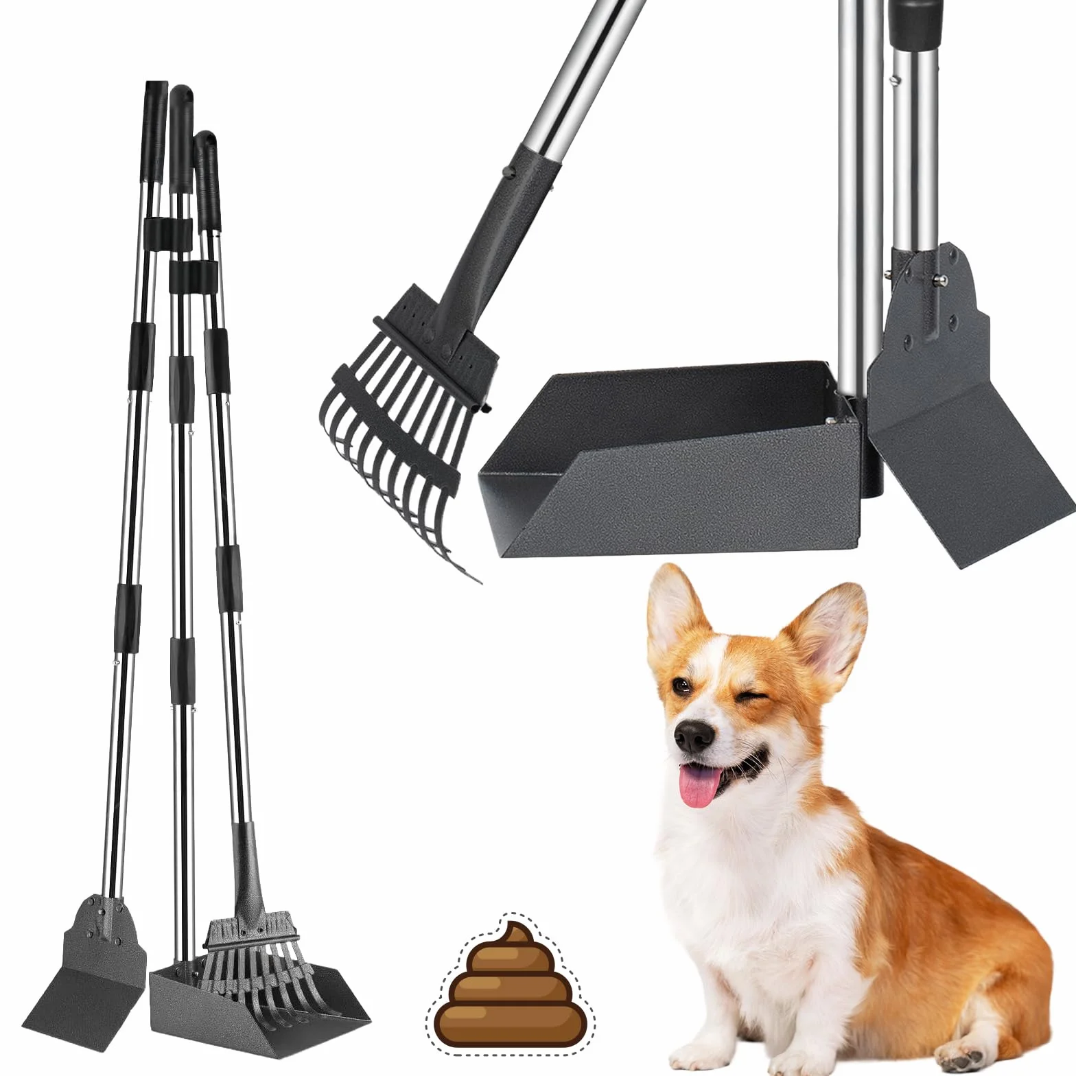 Paletta Raccogli Cacca Cani, Raccogli Cacca Cane per Paletta 96cm | Set di Pooper Scooper con Manico Lungo Regolabile, Rastrello e Vassoio, Set 3 Pezzi, Palette per Escrementi per Prati/Cortili
