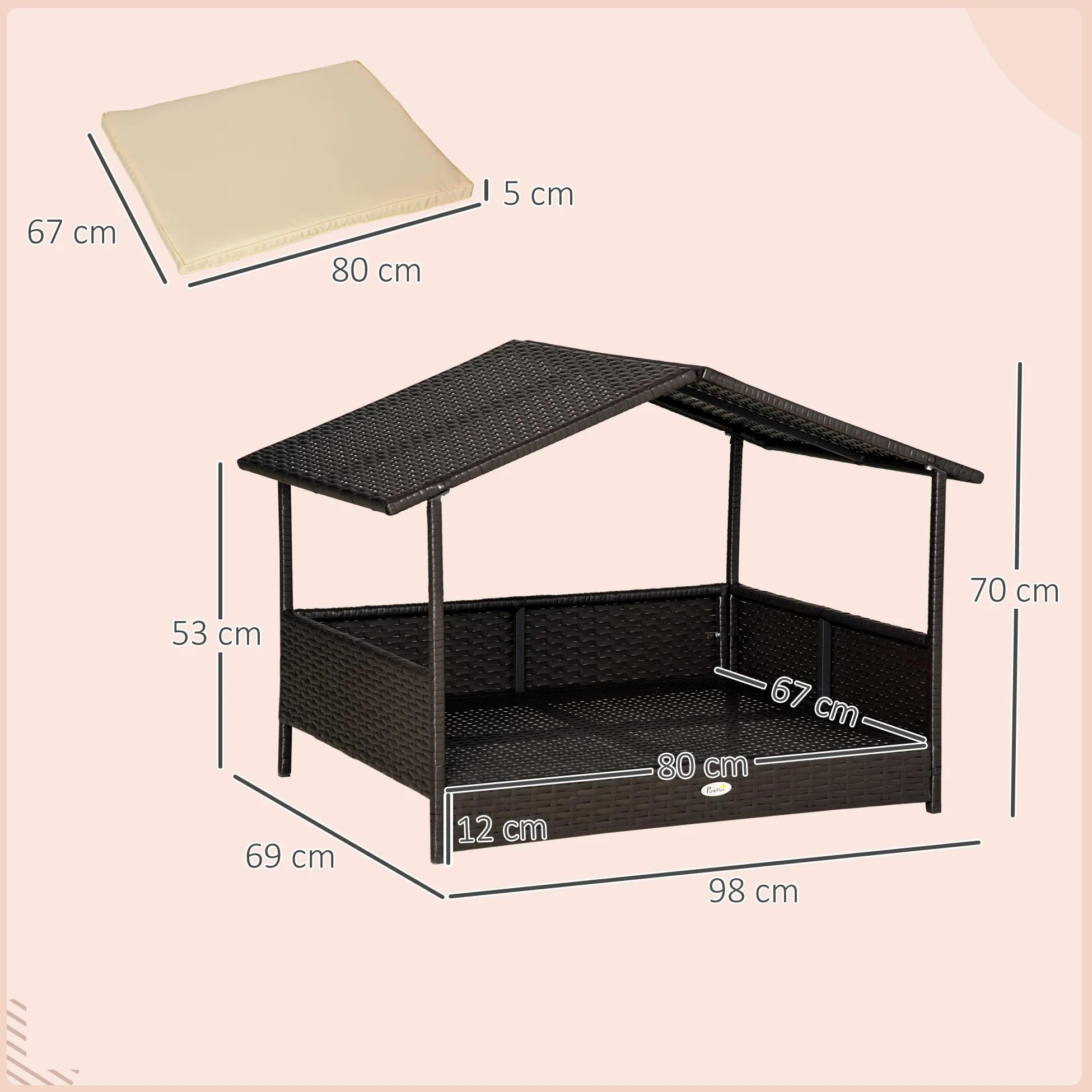 Pawhut Cuccia per cani con cuscino, letto per cani a forma di casa, casa per esterni, telaio in acciaio, PP Rattan, nero, 95 x 69 x 70 cm