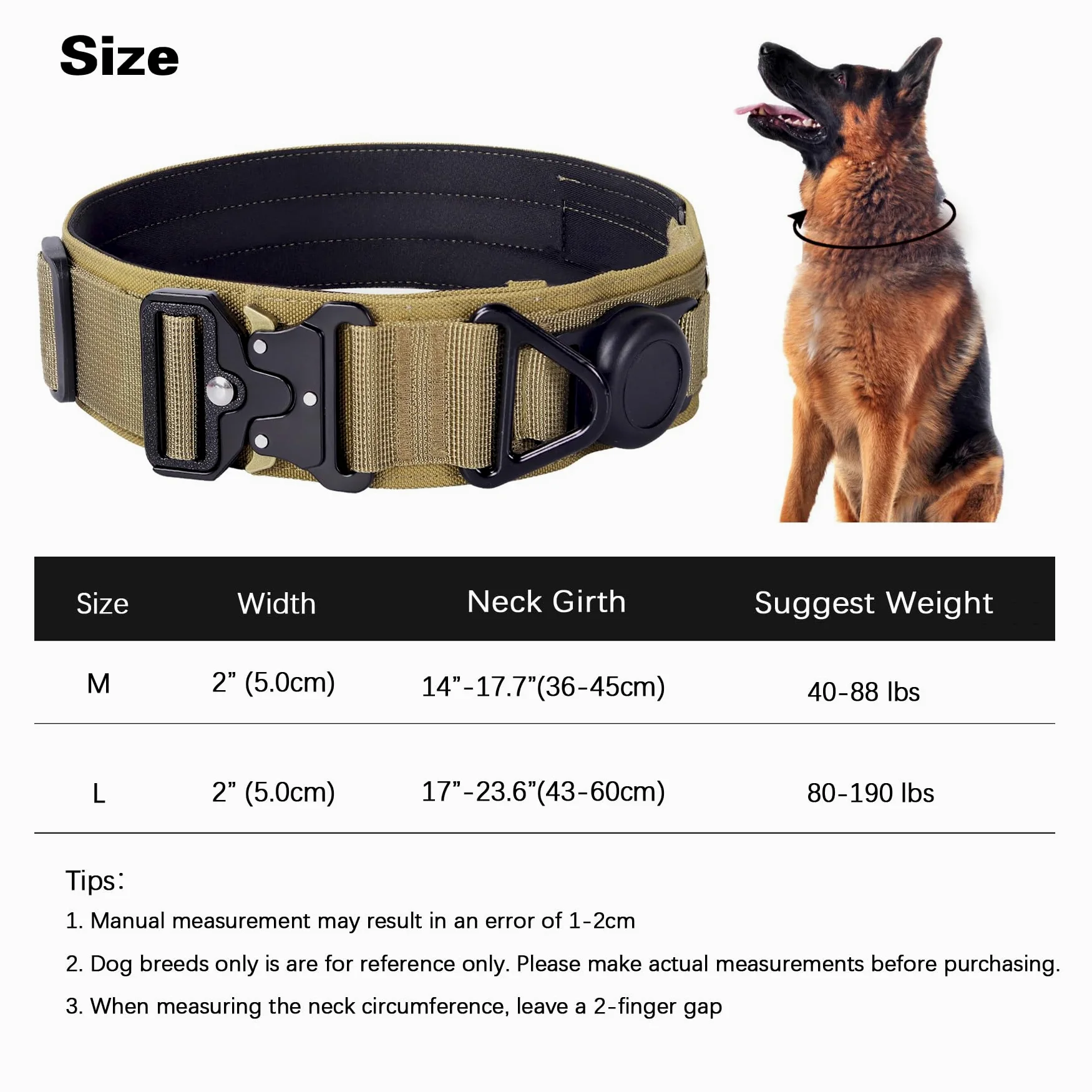 AirTag, Collare tattico militare per cani, largo 5,1 cm, con supporto AirTag e 3 toppe per animali domestici, morbido collare imbottito in nylon impermeabile con fibbia in metallo, per cani