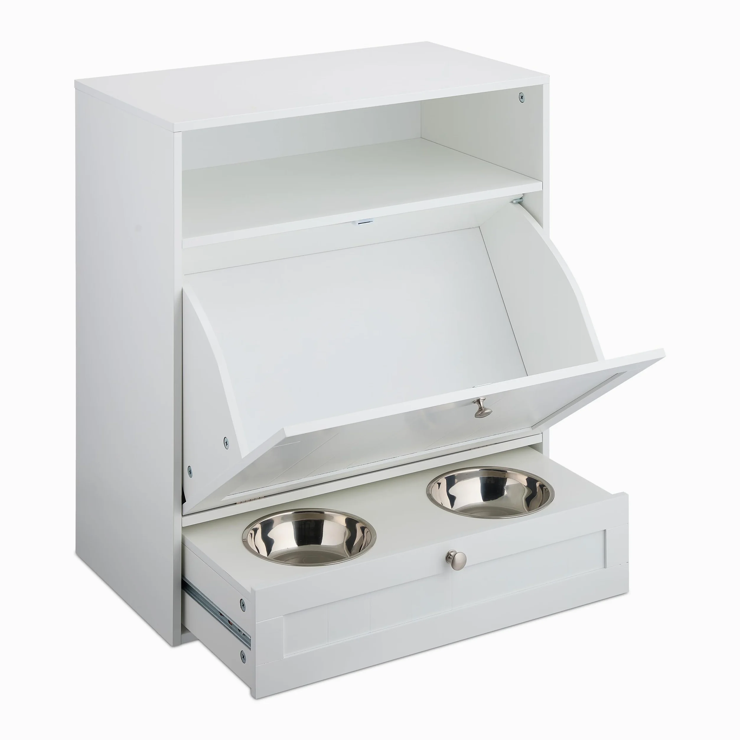Relaxdays Ciotole Rialzate per Cani con Armadietto, Cassetto con 2 Scodelle e Ribaltina, HxLxP: 68x60x33 cm, MDF, Bianco