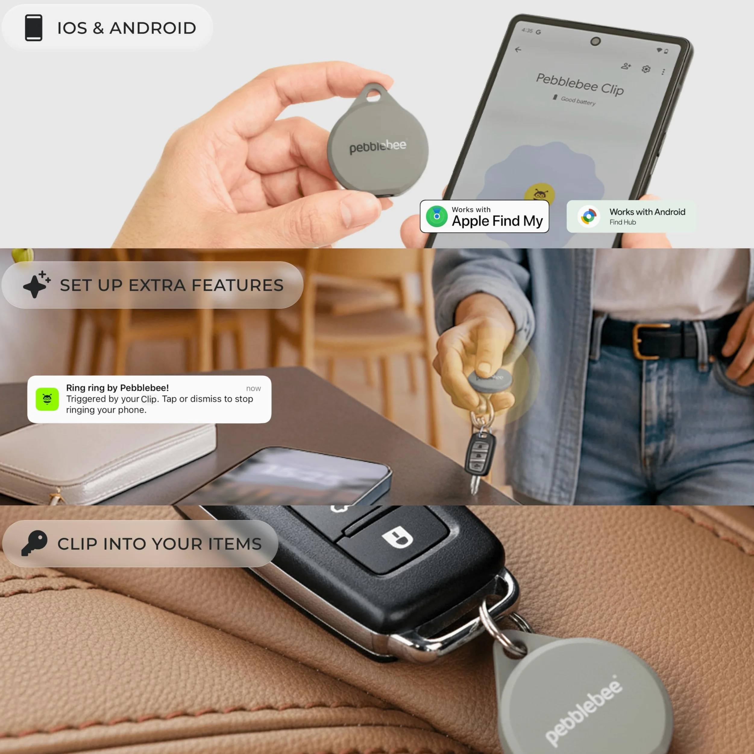 Pebblebee Clip 5 | Tag tracker Bluetooth ricaricabile per chiavi e borse | Alternativa a Air Tag e tracker Android | Sirena da 130 dB, stroboscopio LED luminoso, batteria 12 mesi, modalità di