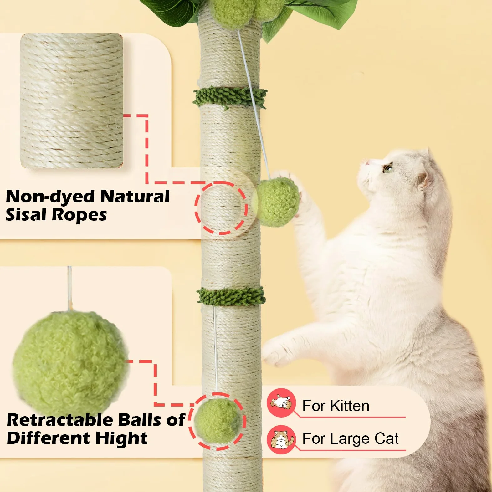 Tiragraffi Per Gatti Rampicante In Sisal Premium, Con Foglie Palla Appesa E Palla A Molla, Adatto A Interno (65cm)