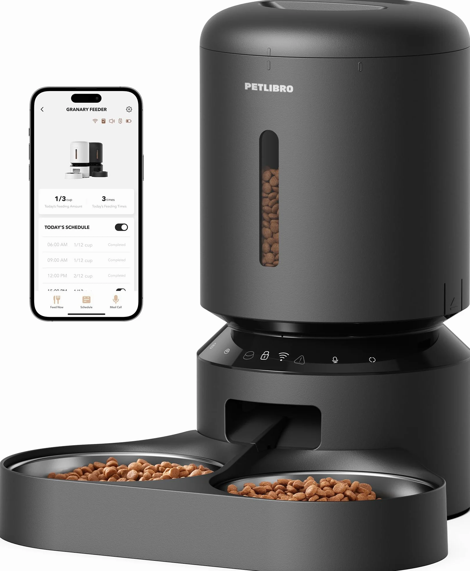 PETLIBRO 5G Wi-Fi Distributore Automatico Cibo Gatti, 5L Distributore Automatico Cibo Cani con 2 Ciotole in Acciaio Inox, 10 Pasti e Controllo del Timer, USB e Batterie, Voce bidirezionale, Nero