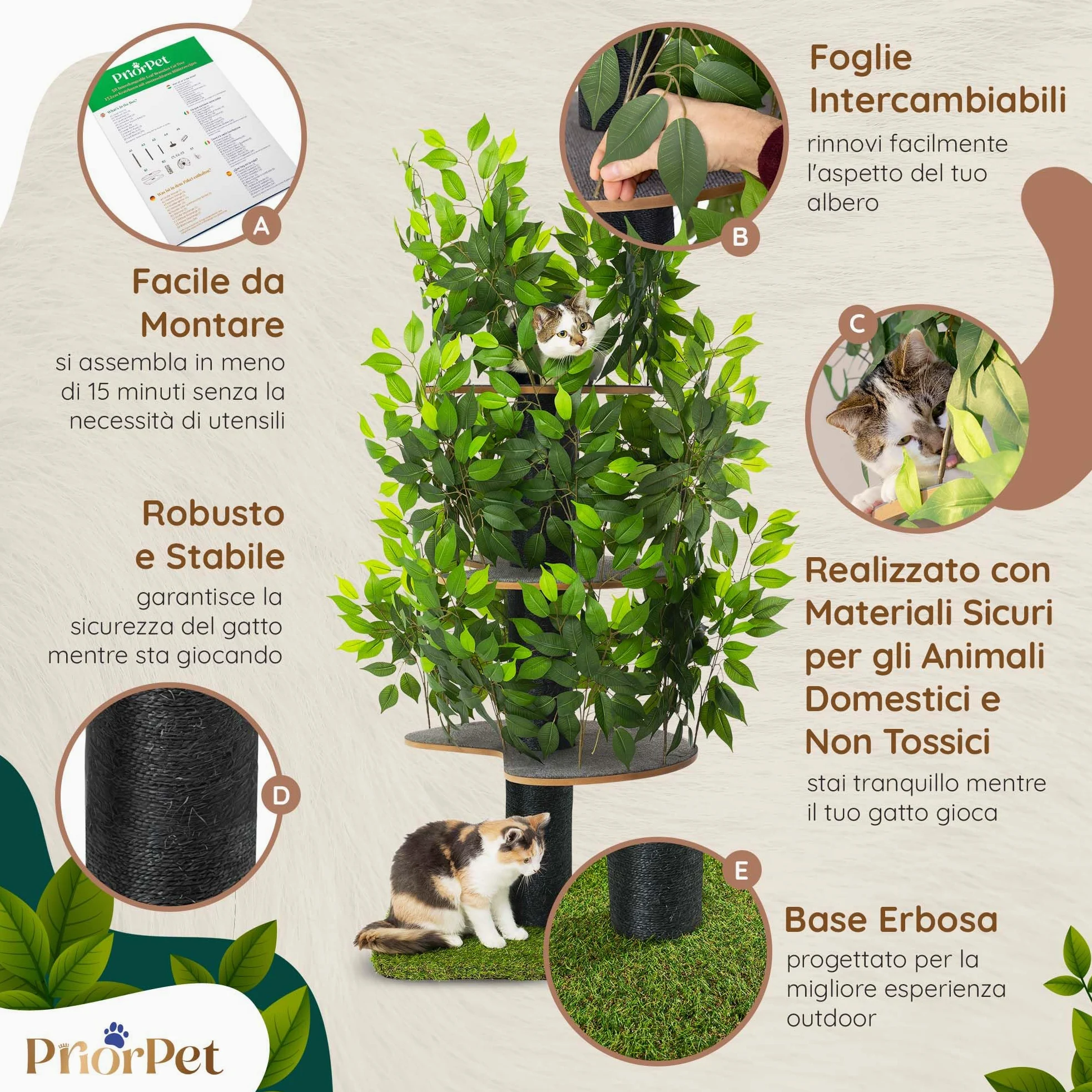 Albero per gatti con Foglie Intercambiabili - Brevettato Tiragraffi per Gatti Adulti, per Arrampicarsi Nascondersi e Dormire - Più Livelli, Facile da Montare - Tiragraffi Gatto Costruzione Robusta