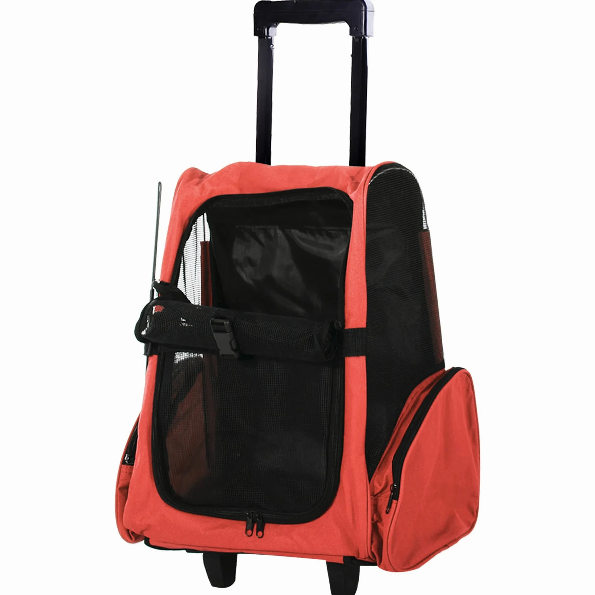 PawHut Trasportino Zaino 2 in 1 per Cani e Gatti con Tasche Laterali, Maniglia Telescopica e Ruote, 42x25x55cm, Rosso