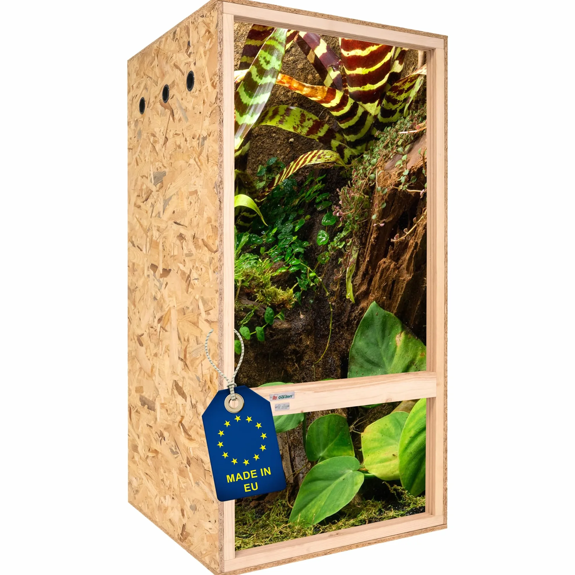 ITA Terrario alto 60x120x60 cm con ventilazione laterale e igrometro integrato - Terrario in legno OSB-3 - Per rettili, serpenti, anfibi - Prodotto UE, certificato FSC
