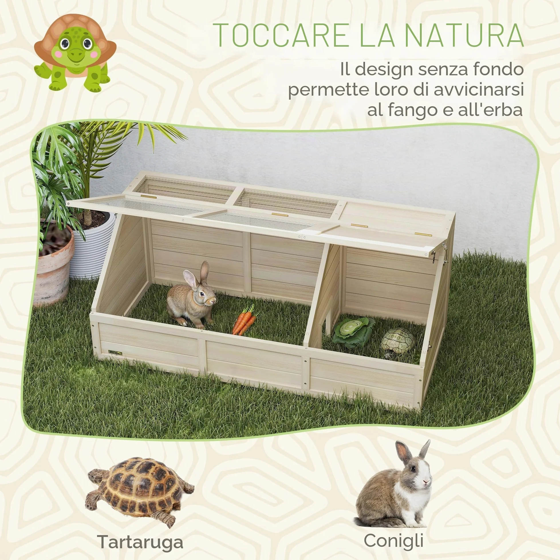 PawHut Casa in Legno per Tartarughe, recinto esterno per piccoli animali con coperchio apribile, fermi e 2 spazi separati, senza fondo, 120 x 55 x 50 cm, legno naturale