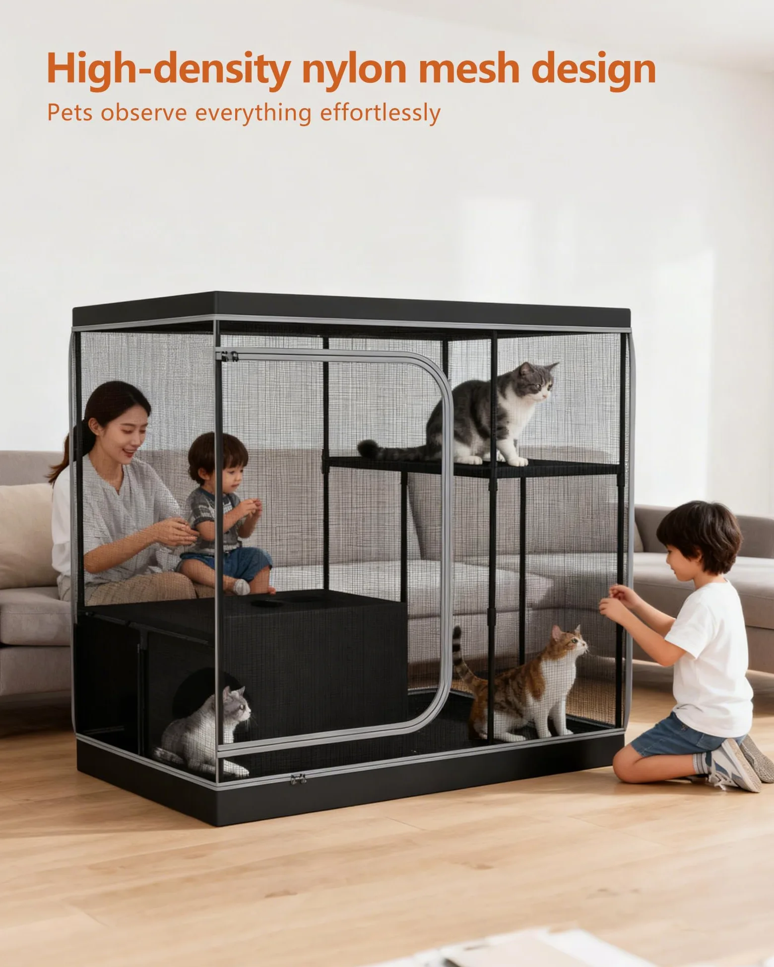DINMO Gabbia per Gatti Grande, Recinto Interno per Gatti con Vaschetta Igienica, Recinto per Piccoli Animali, Cuccia a Più Livelli, Recinto per Animali con Fondo Impermeabile, Nero