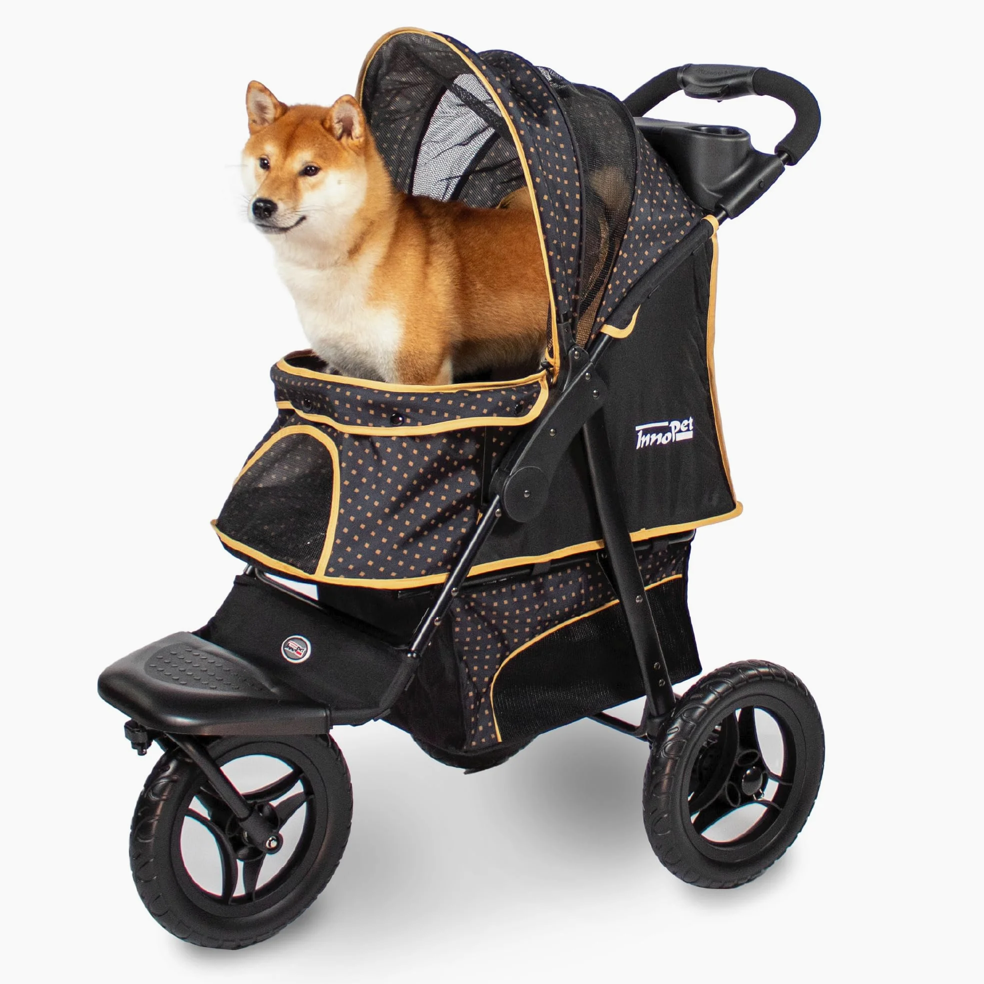 Passeggino Innopet Adventure per cani e gatti, nero/giallo - Passeggino fuoristrada Capacità 30 kg - Ruote antiforatura - Chiusura con una sola mano - Portabicchieri e ampio vano portaoggetti