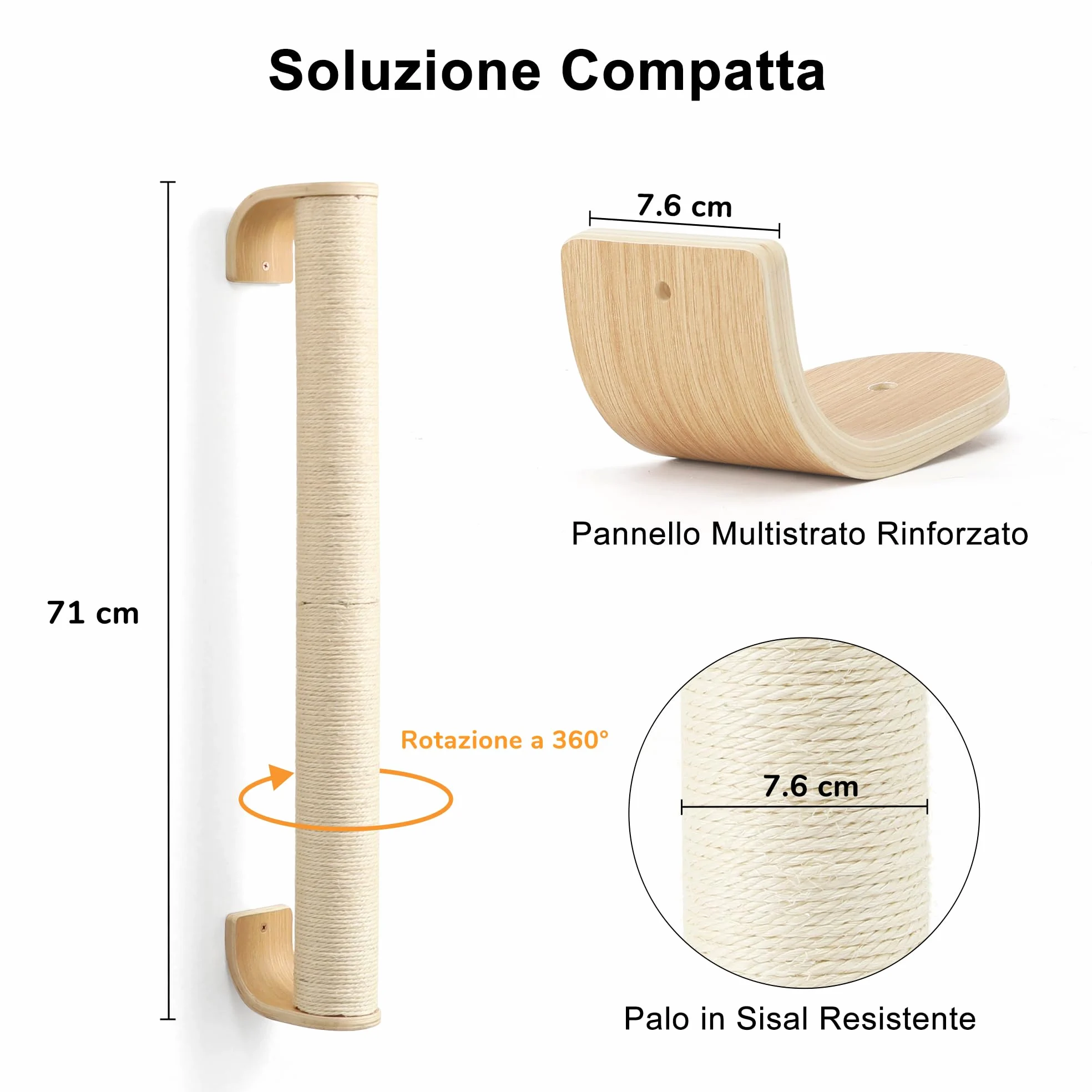 FUKUMARU Tiragraffi per Gatti da Parete, (L:71cm) Palo in Corda di Sisal Naturale a Muro per Gattini, Solido Albero per Arrampicare per Gatti Domestici.