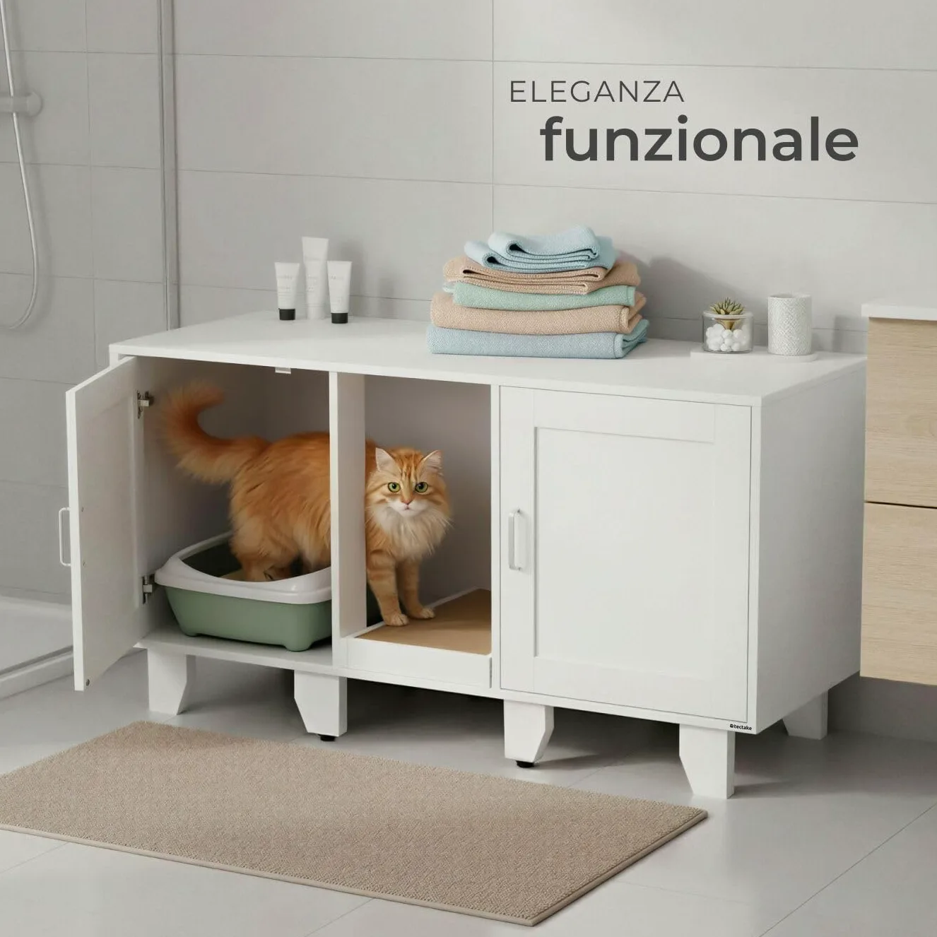 tectake® Mobile lettiera gatto chiusa a due ante, ingresso centrale, tappetino tiragraffi, mobiletto lettiera gatto, armadietto per lettiera gatti, ante magnetiche - 120 x 52 x 65 cm - Bianco