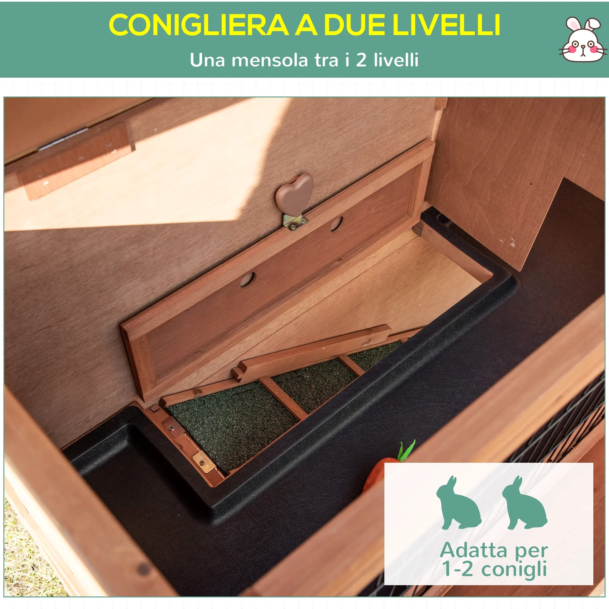 PawHut Conigliera in Legno a 2 Livelli con Ruote, Casetta per Conigli e Porcellini d'India con Vassoio Estraibile e Rampa, Arancione,122x50x101cm