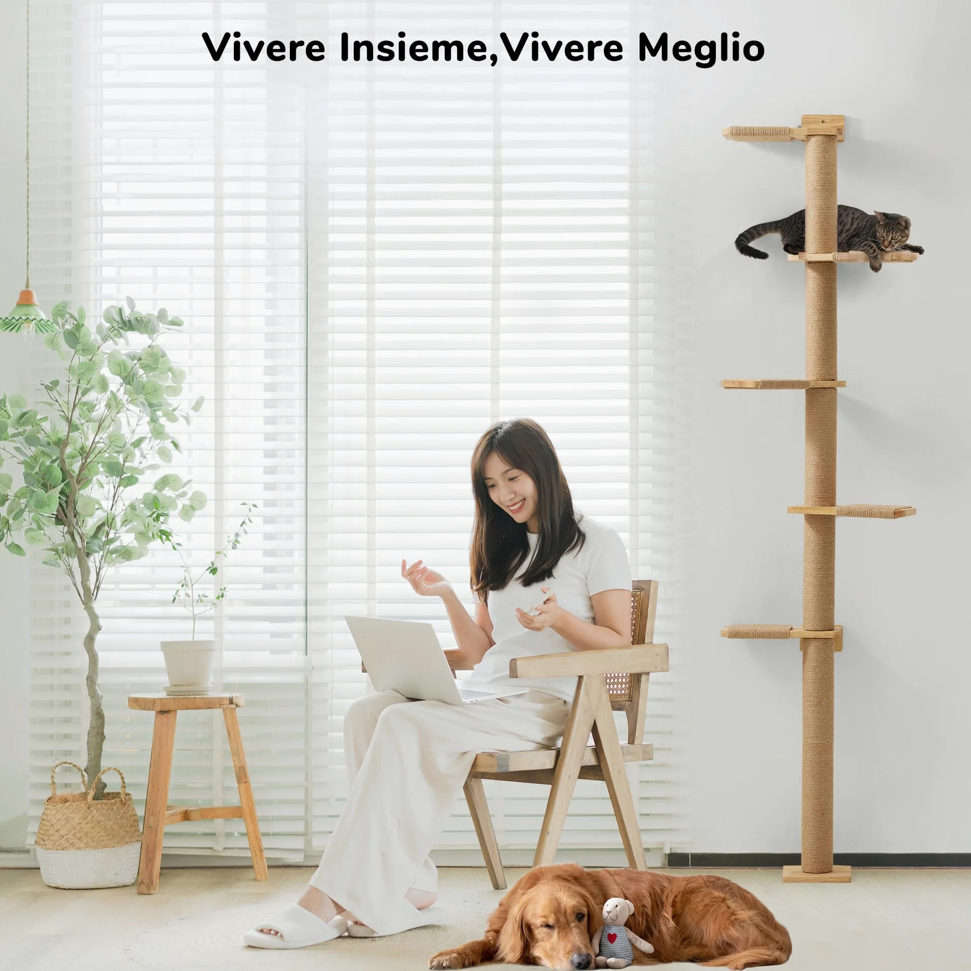 FUKUMARU Torre Tiragraffi per Gatti Alto (205CM), Mensola da Parete a 5 Livelli, Legno Massiccio e Iuta, Gradini per Arrampicare, Graffiare, Giocare