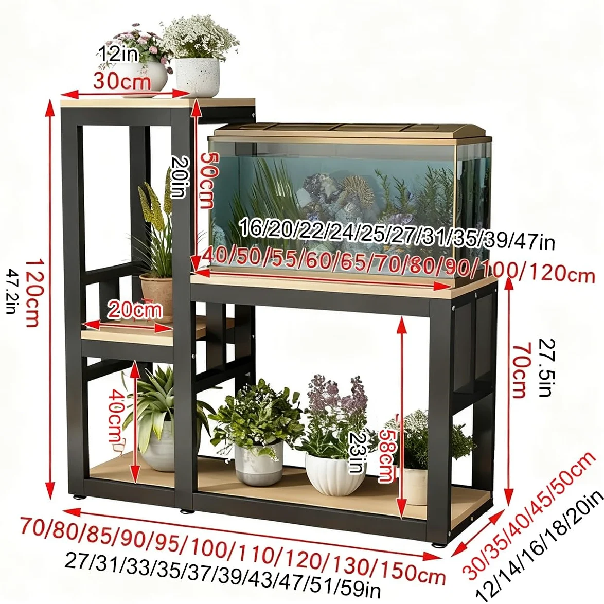 Supporto per Acquario in Legno Massello per 200L Mobile Acquario a Due Ripiani Supporto Robusto per Rettili Scaffale Portaoggetti Multifunzione per Casa Ufficio Studio(White,LxH90x40cm/35x16)