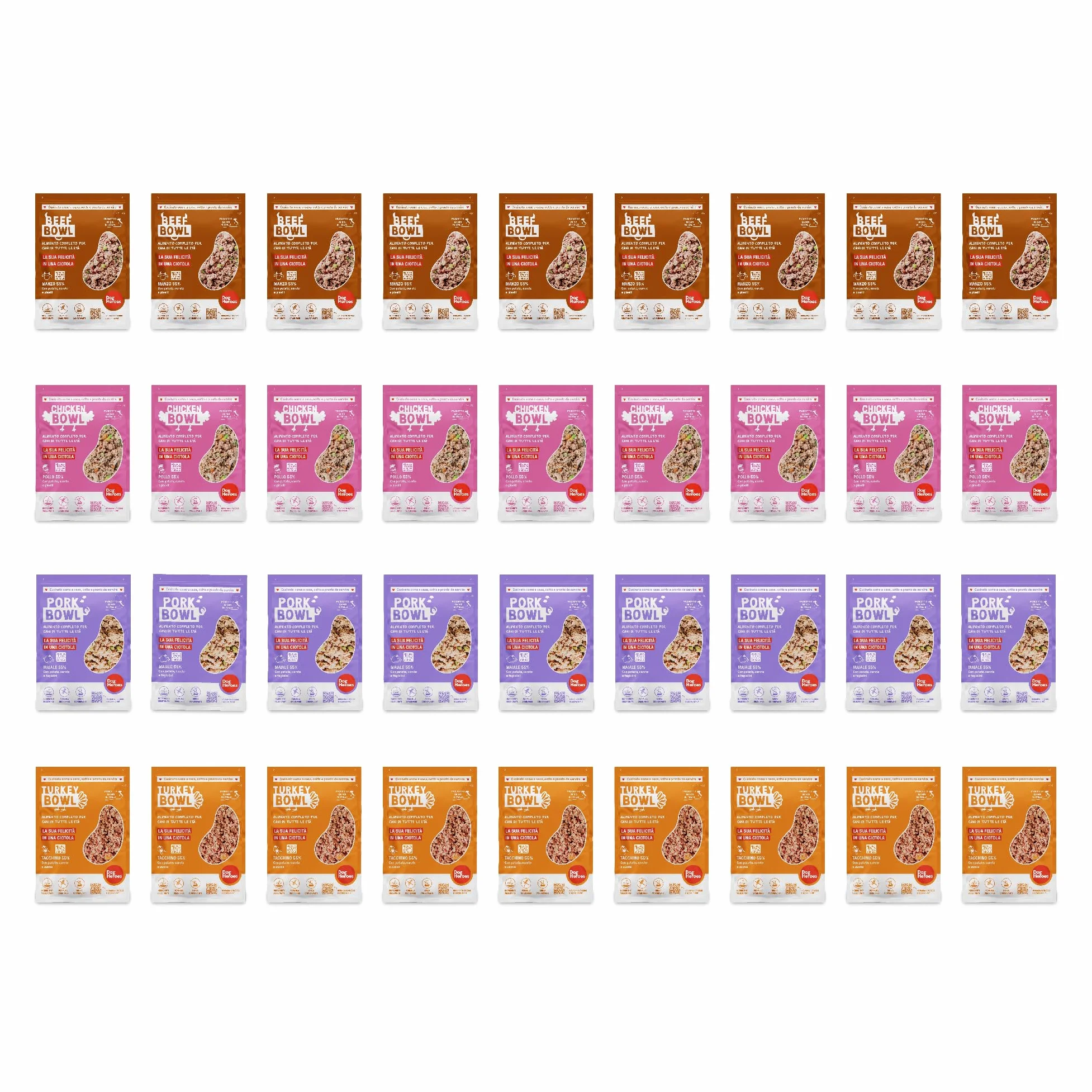 Dog Heroes Cibo Umido Congelato per Cani Maiale + Manzo + Pollo + Tacchino (55%) | Monoproteico | Senza cereali | 100% naturale | Preparato in Italia | Multipack 36x650g