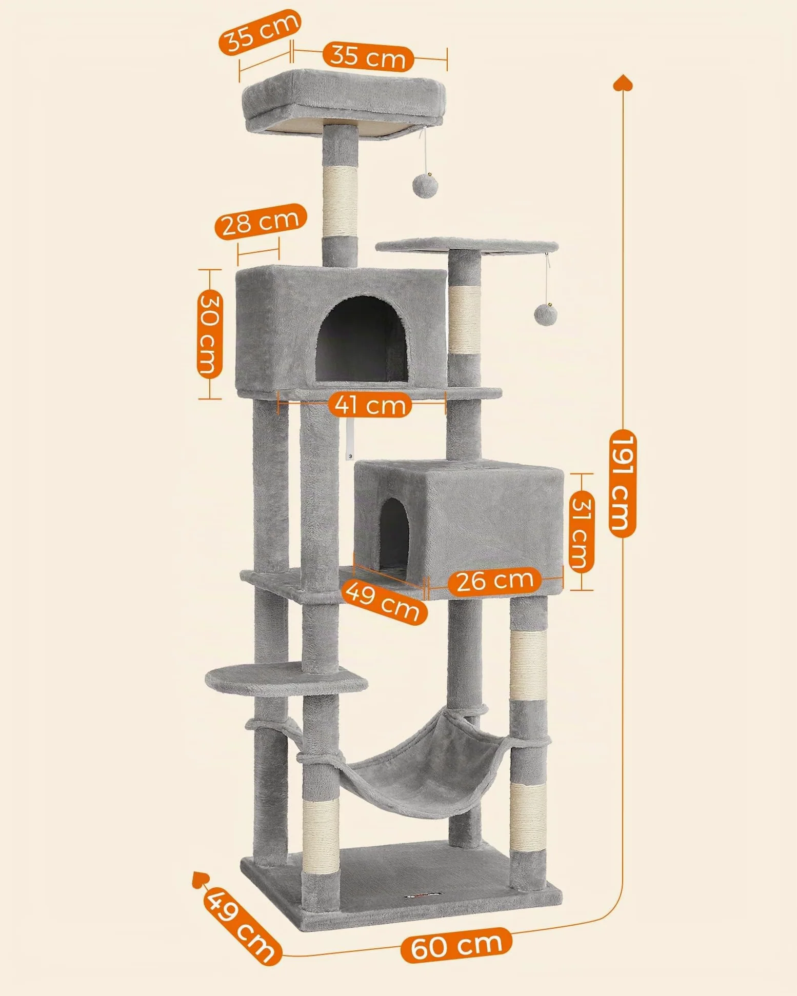 Feandrea Albero per Gatti Alto 191 cm, Tiragraffi per Gatti con 5 Pali Graffiatoi, 2 Posatoi, 2 Grotte, Amaca, 2 Pompon, in Peluche a Più Livelli, Grigio Chiaro PCT191W01