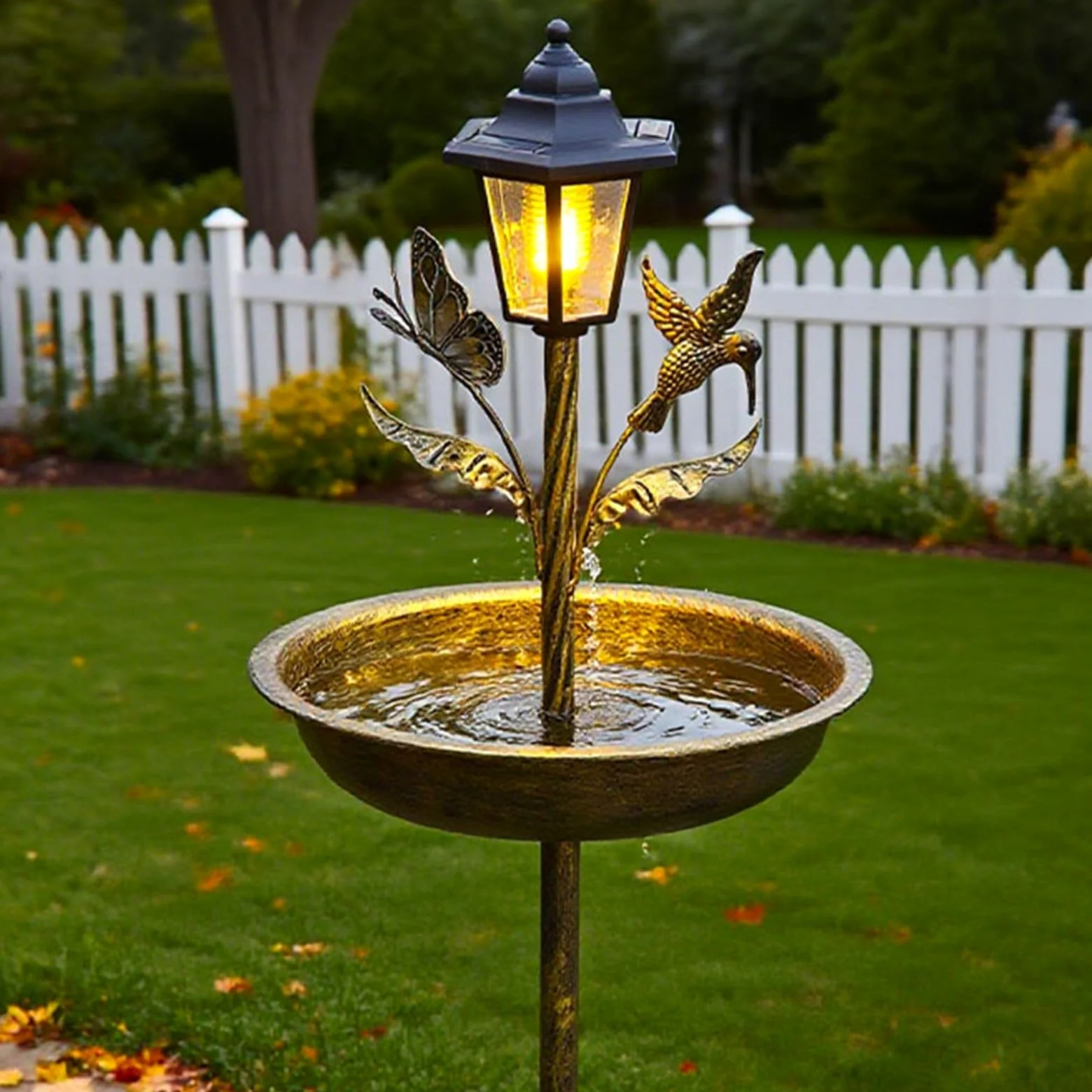 Mangiatoia solare in metallo per uccelli con luce integrata e vasca, resistente alle intemperie, decorazione da giardino per esterni, marrone, 105 cm (antico)