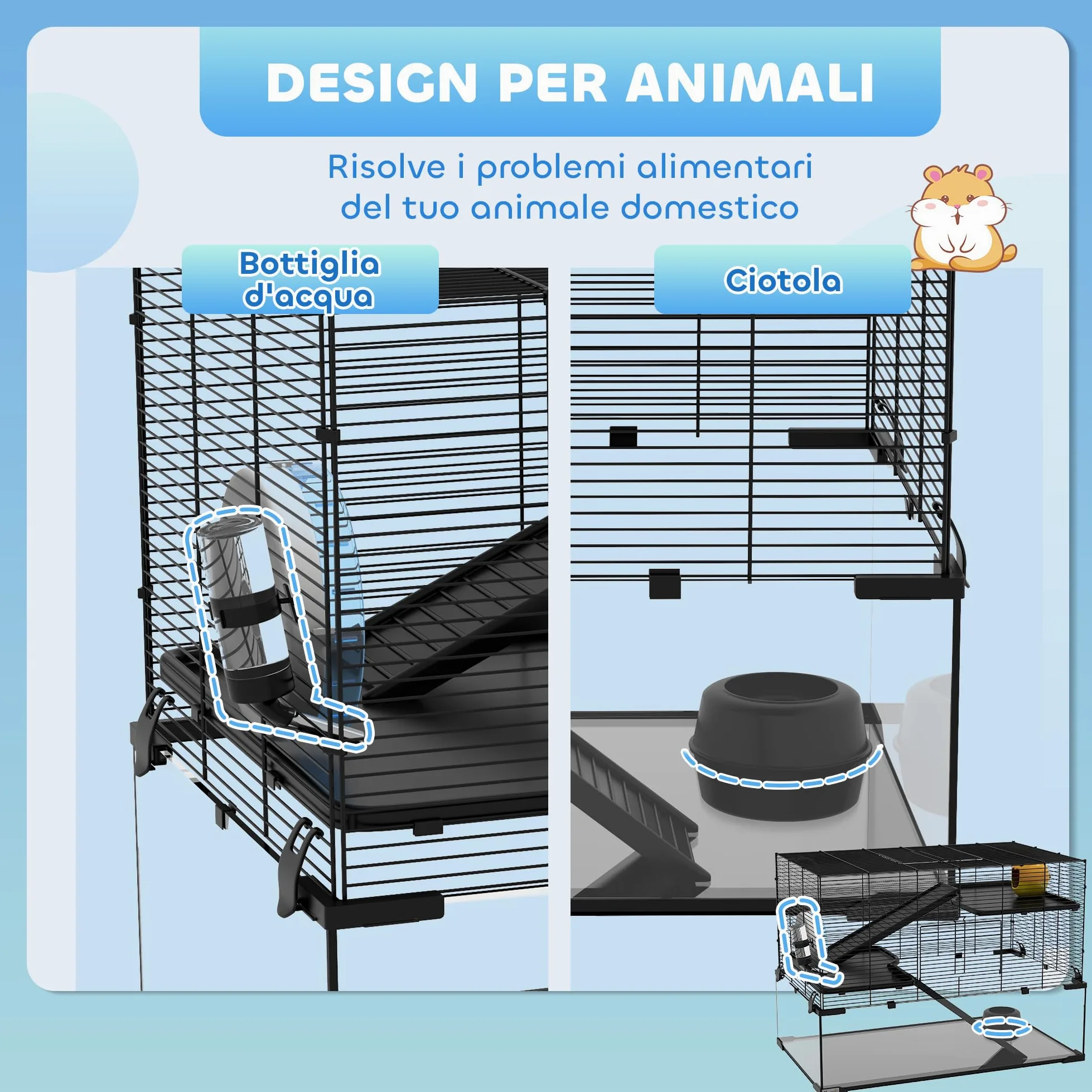 PawHut Gabbia per Criceti, Gabbietta per Criceti, Gerbilli e Piccoli Animali in Filo d'acciaio e Vetro con Ruota, Piattaforme, Rampe, Base Rimovibile, Beverino e Mangiatoia, 76.5x48.5x54.5 cm, Nero