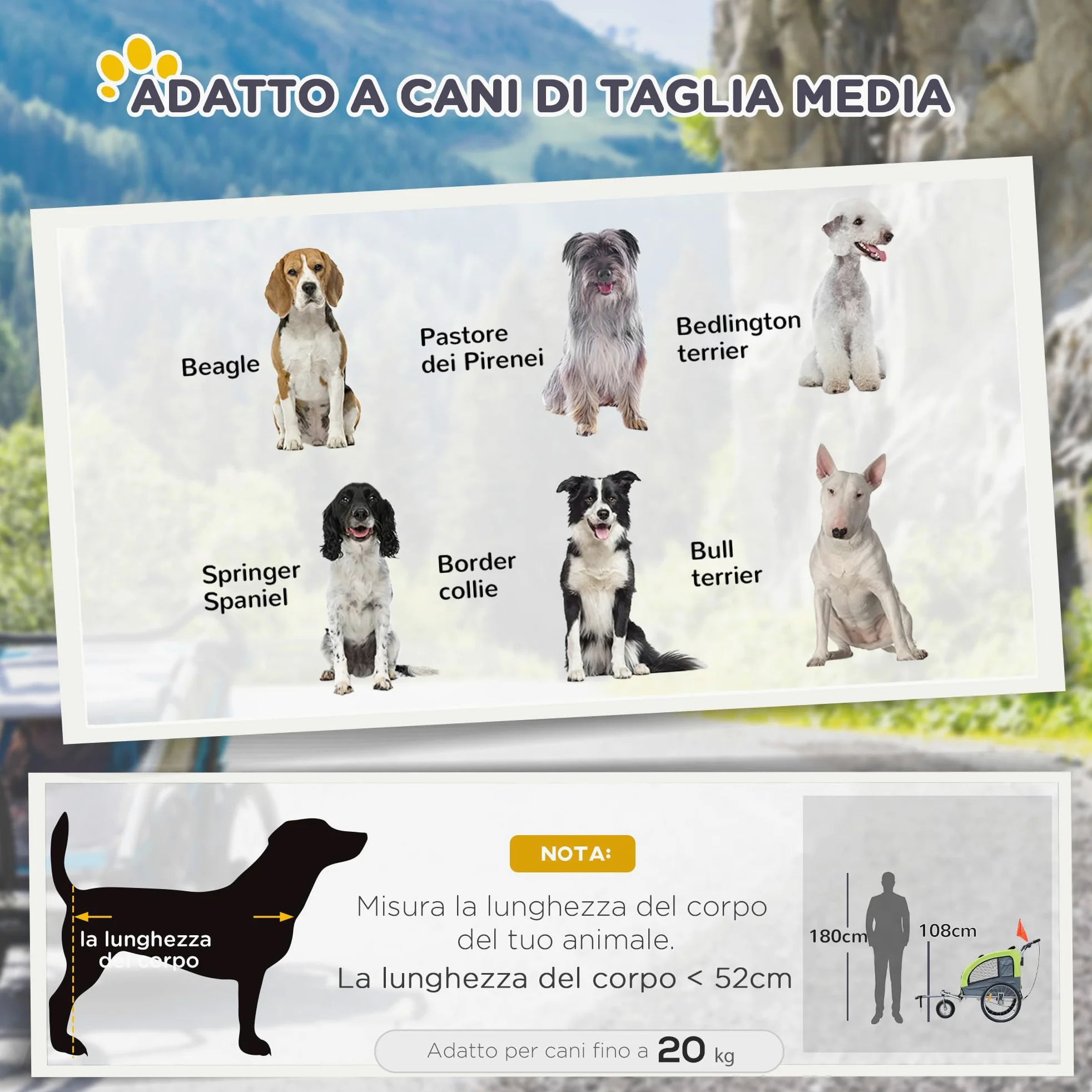 PawHut Rimorchio per Cani Animali Domestici, Verde, 130 x 90 x 110 cm