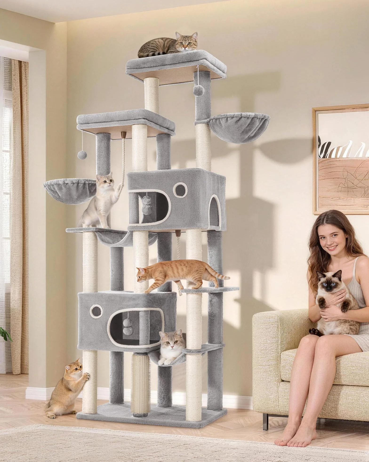 Hzuaneri Albero Tiragraffi Grande per Gatti, Torre per Gatti da Interno 213 cm con 2 Piattaforme XL, 2 Grotte, 10 Pali in Sisal, 2 Amache e Massaggiatore, per Maine Coon, Grigio Chiaro, MS21418LG