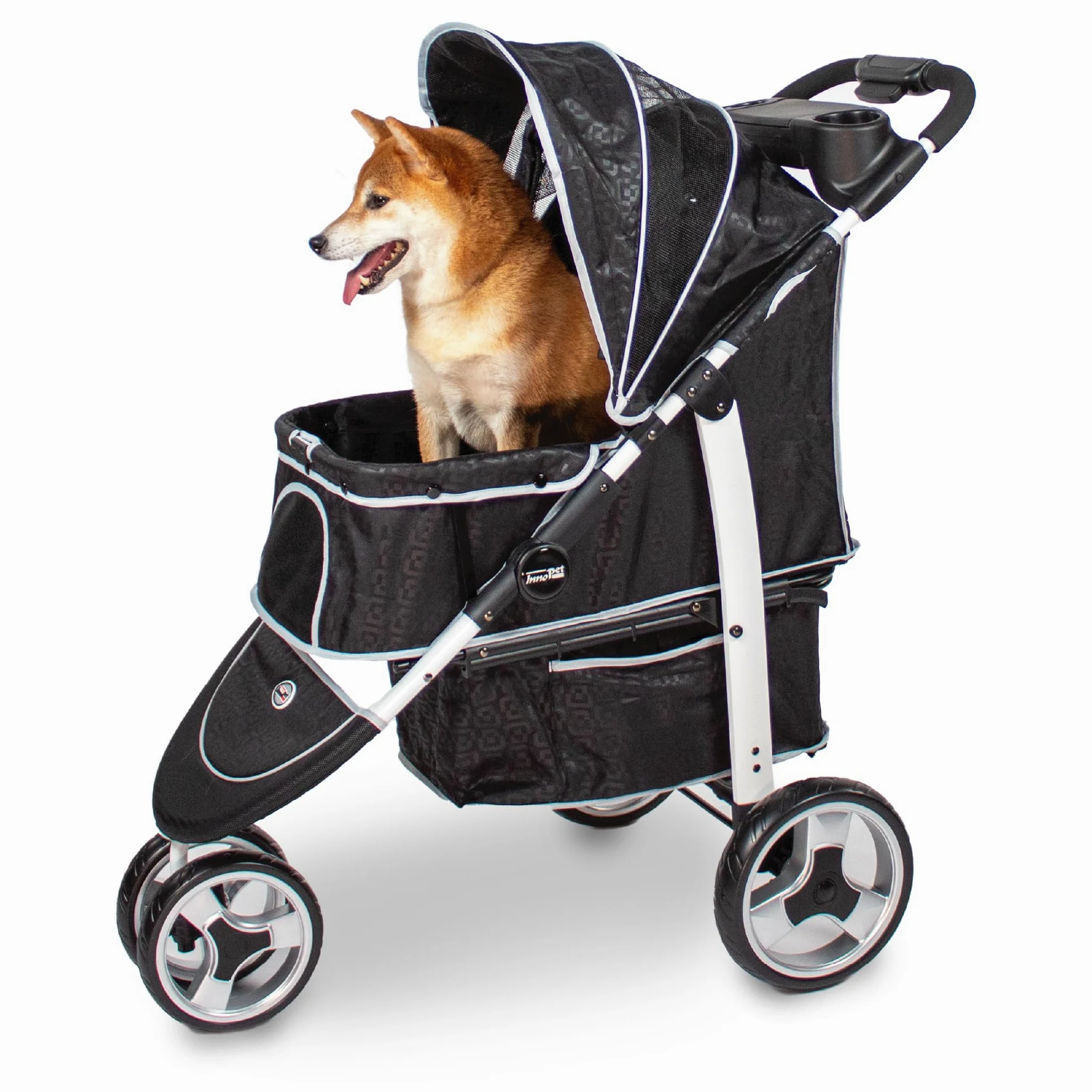 Innopet Monaco Passeggino per cani e gatti nero con copertura antipioggia, capacità 25 kg, pieghevole con una sola mano - Cestino portaoggetti convertibile - Cuscino double face