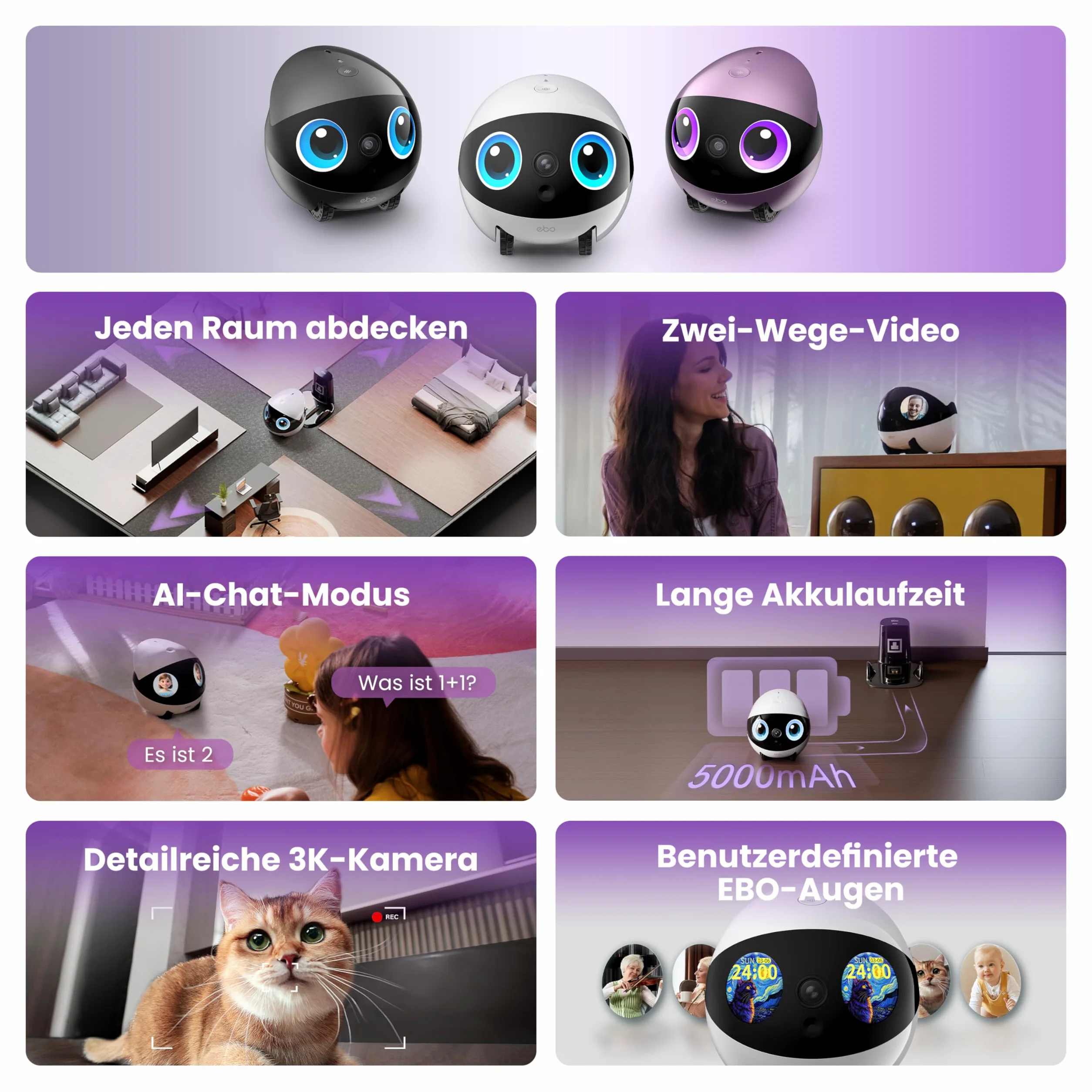 Enabot EBO Air 2 Plus FamilyBot, robot interattivo, sorveglianza domestica mobile 3K, telecamera di sorveglianza con chat AI (chatGPT) e pattuglia auto e audio e videochiamate bidirezionali (nebbia
