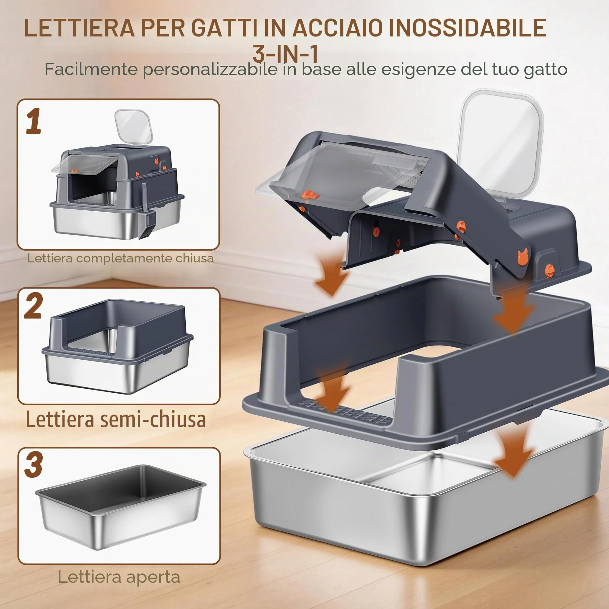 Lettiera Acciaio Inossidabile con Coperchio, XXXL Lettiera Gatto Chiusa, 70 x 50 x 42 cm, 105° coperchio incernierato, Include Pedale e Paletta, Design Modulare, Due Porte, Grigio Scuro