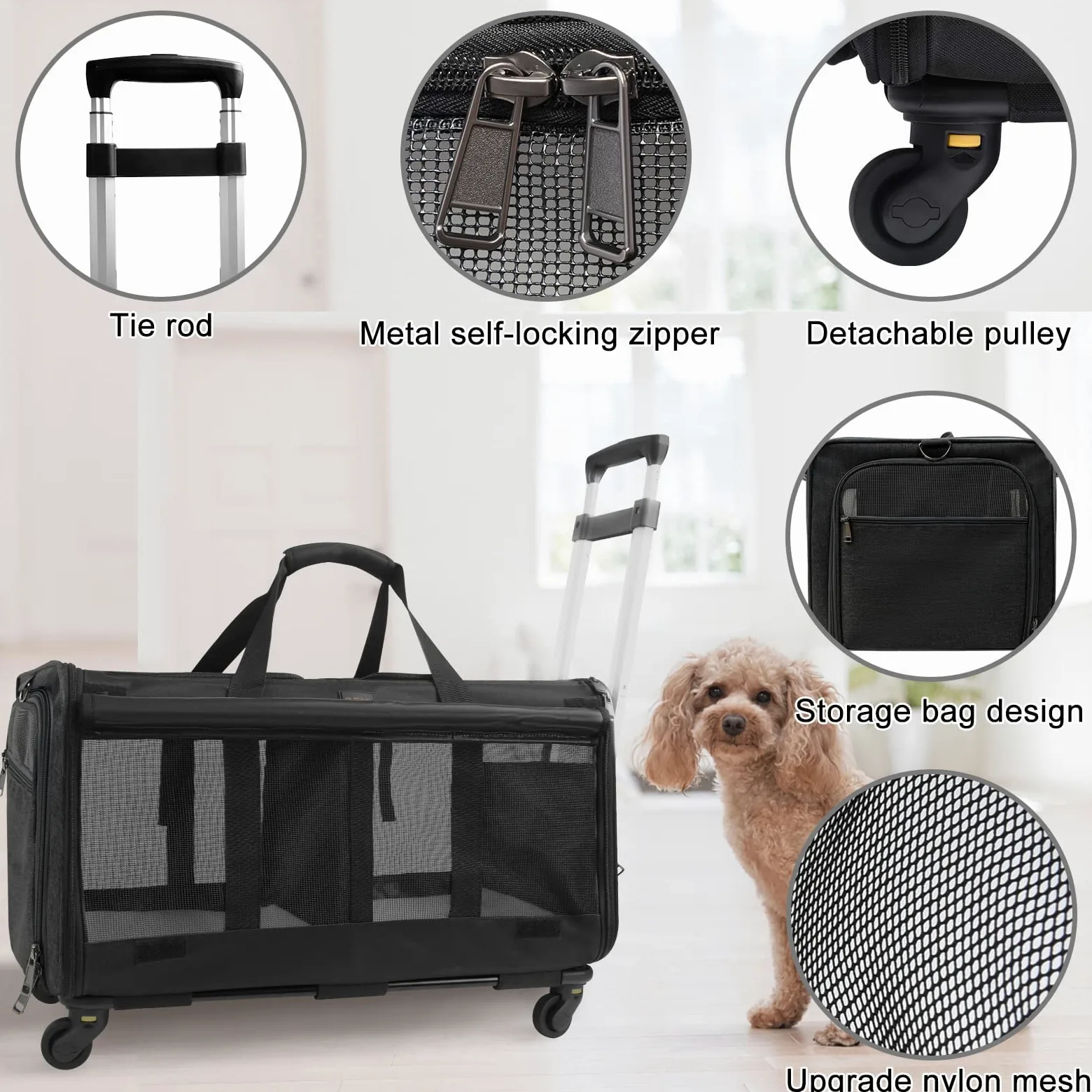 Marsupio a doppio scomparto con ruote per 2 animali domestici, fino a 15,9 kg, trasportino per gatti con rotolamento per 2 gatti, design super ventilato, ideale per