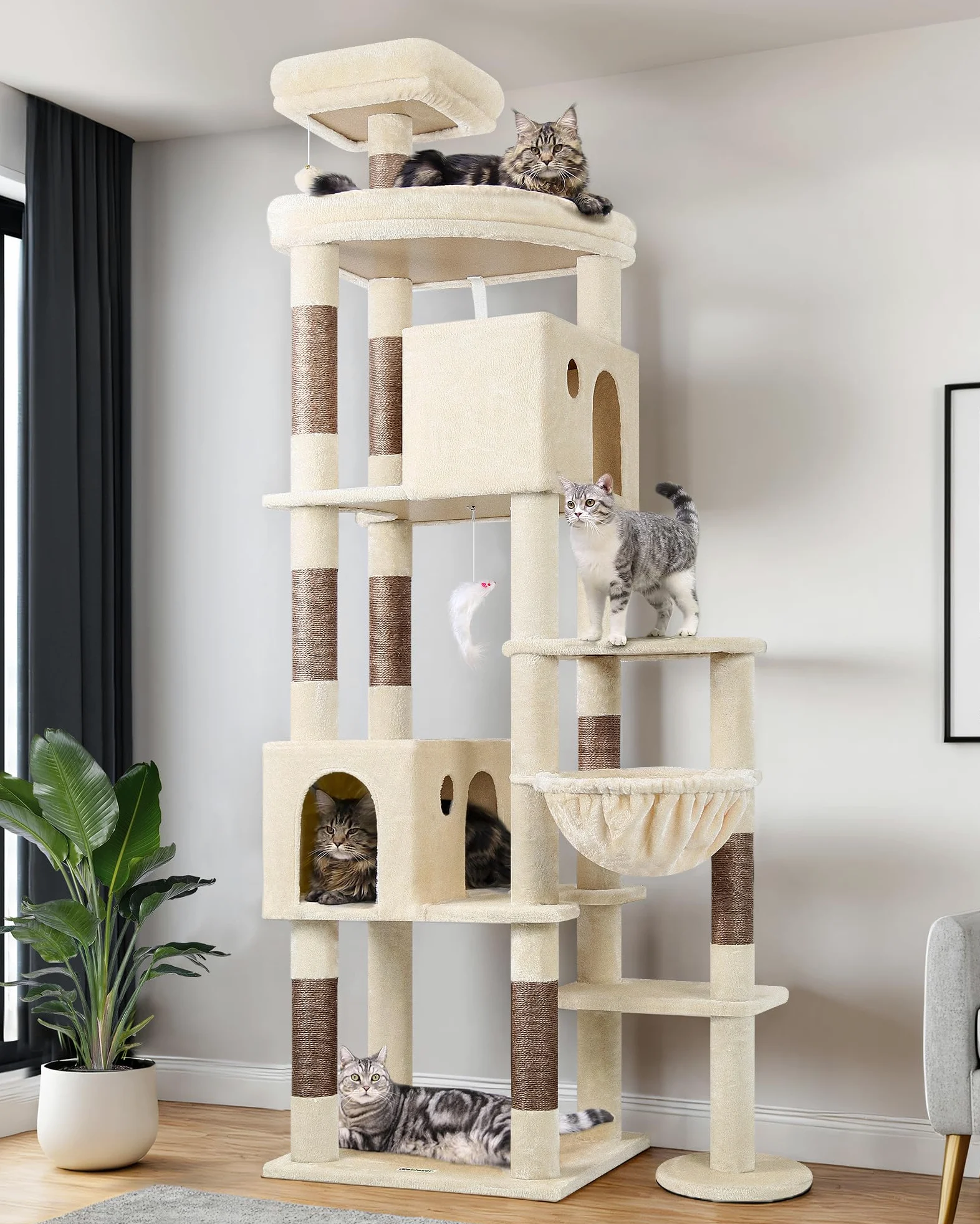 Globlazer Tiragraffi Beige XXL per Gatti Adulti Alto 213 cm con Grandi Piattaforma 55cm*45cm, 2 Grotta, Posatoi, Cesto, Albero Tiragraffi Stabile per Multipli Gatti Grandi Interno (F83, Beige)