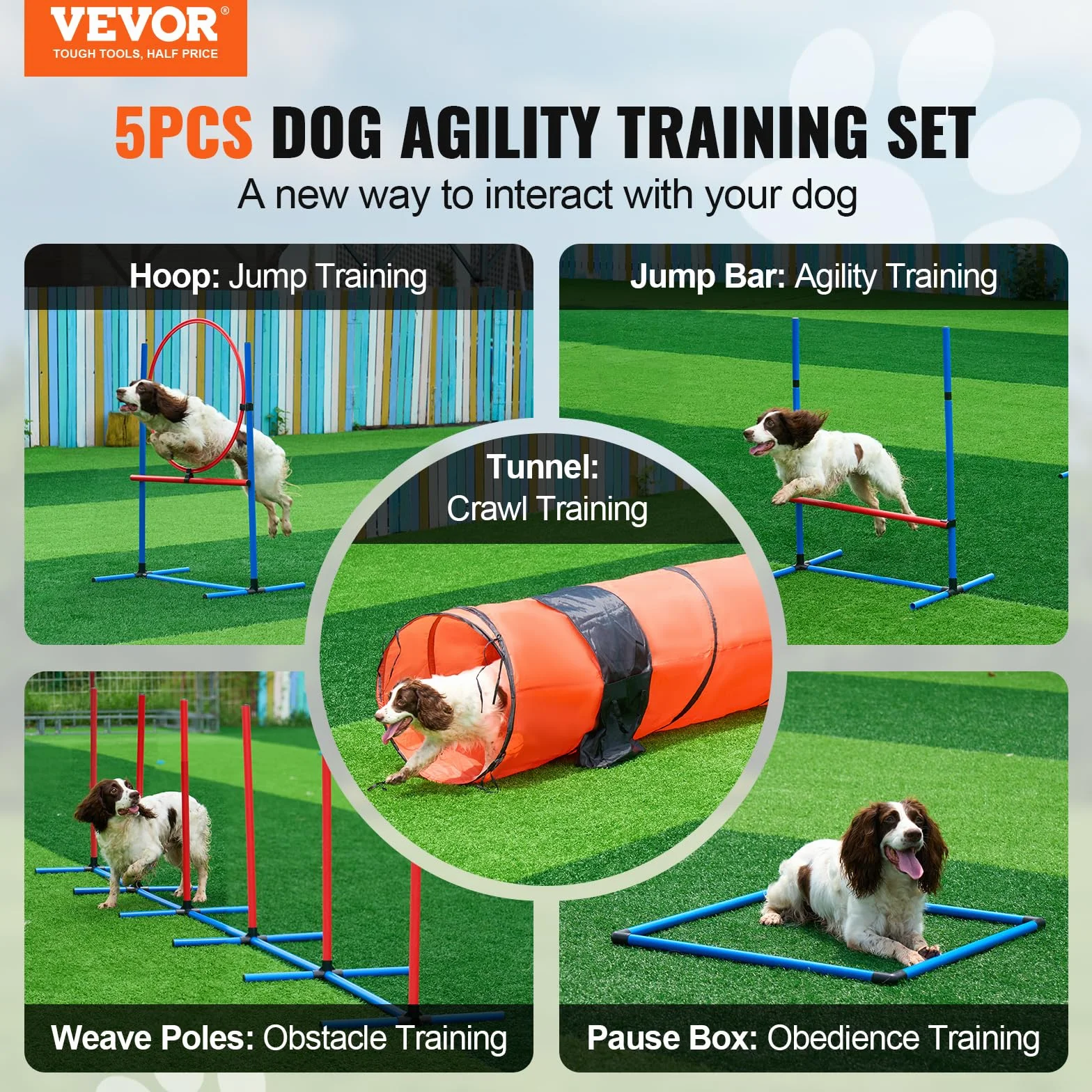 VEVOR Attrezzatura per Addestramento Agilità per Cani, Set 5 Pezzi, Percorso a Ostacoli per Cuccioli, Ostacoli Altezza Regolabile, 6 Pali, Tunnel, Anello Salto, Scatola Pausa, Fischietto