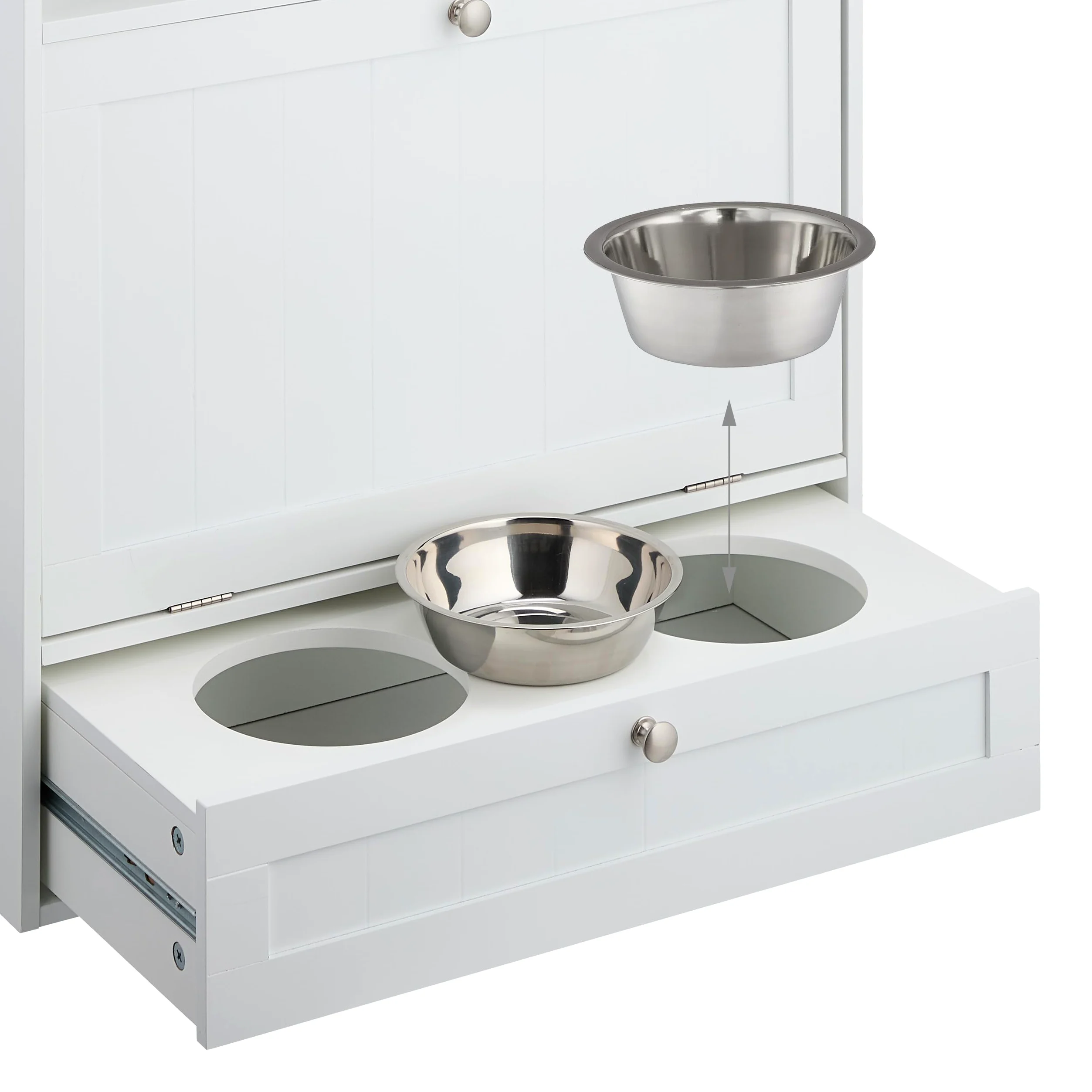 Relaxdays Ciotole Rialzate per Cani con Armadietto, Cassetto con 2 Scodelle e Ribaltina, HxLxP: 68x60x33 cm, MDF, Bianco