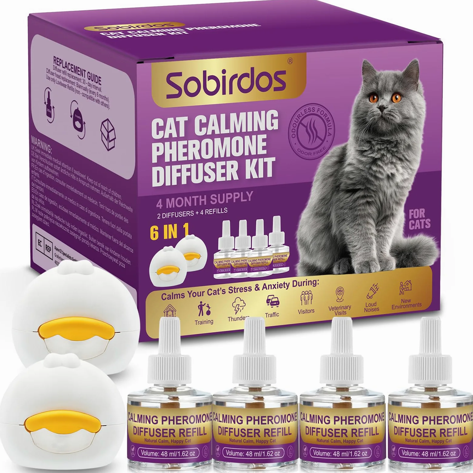 Kit Diffusore di Feromoni Calmanti per Gatti – 2 Diffusori + 4 Ricariche, Riduce l'Ansia e l'Urminazione Inappropriata, Ideale per Traslochi, Temporali e Nuovi Ambienti, Blu | Formula sicura e naturale, senza farmaci Riproduce feromoni calmanti della madr