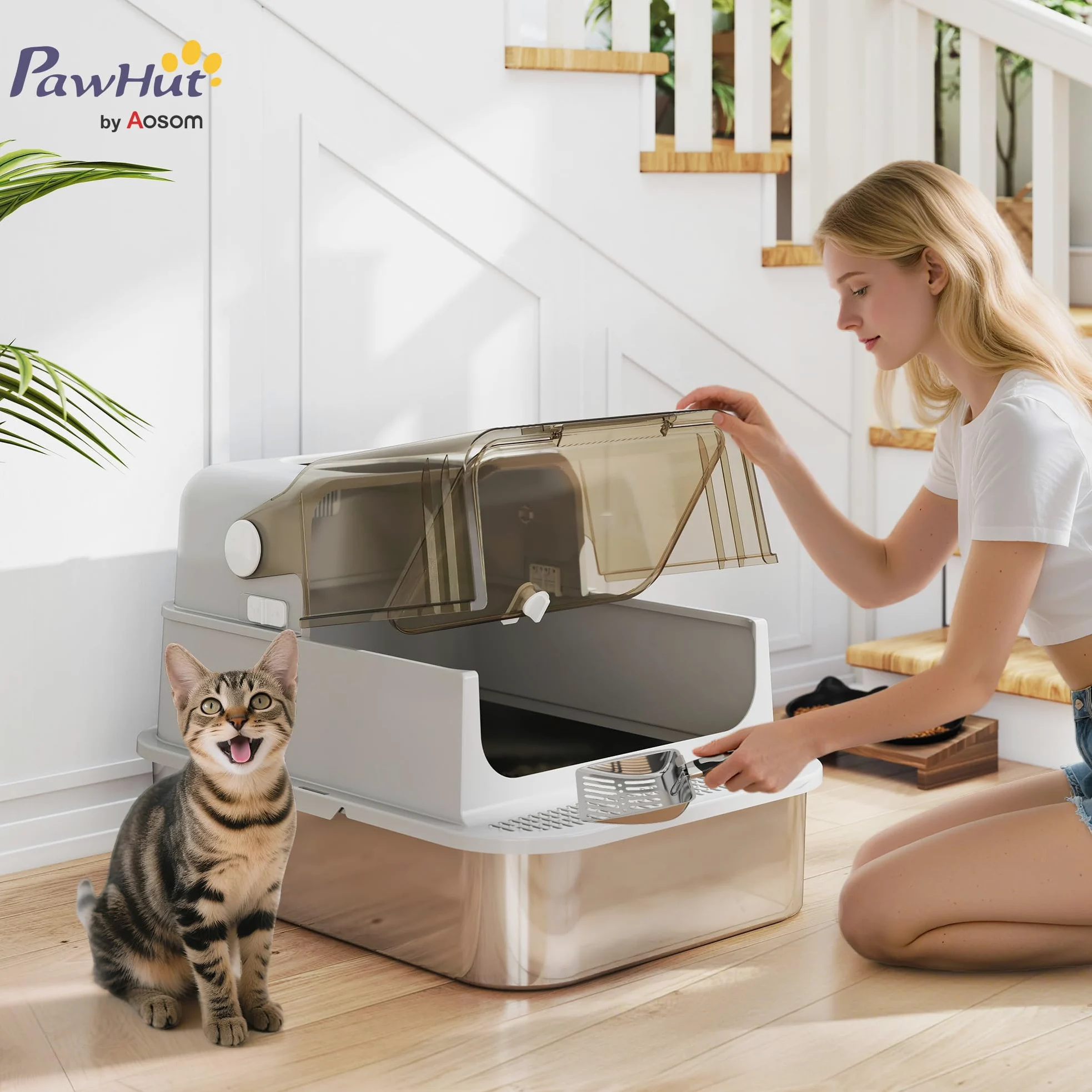 PawHut Lettiera per Gatti XXL con Coperchio in Acciaio Inox, Lettiera Chiusa con Coperchio Apribile a 90°, Doppie Porte, Paletta e Deodorante, Capacità 20 kg, 70x50x46.5 cm, Grigio