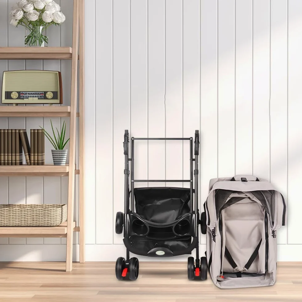 Passeggino per cani 3 in 1,Passeggino Buggy pieghevole animali carrello pieghevole cane gatto portabicchieri cestino portaoggetti incluso ruote con freno tessuto 600D Oxford acciaio