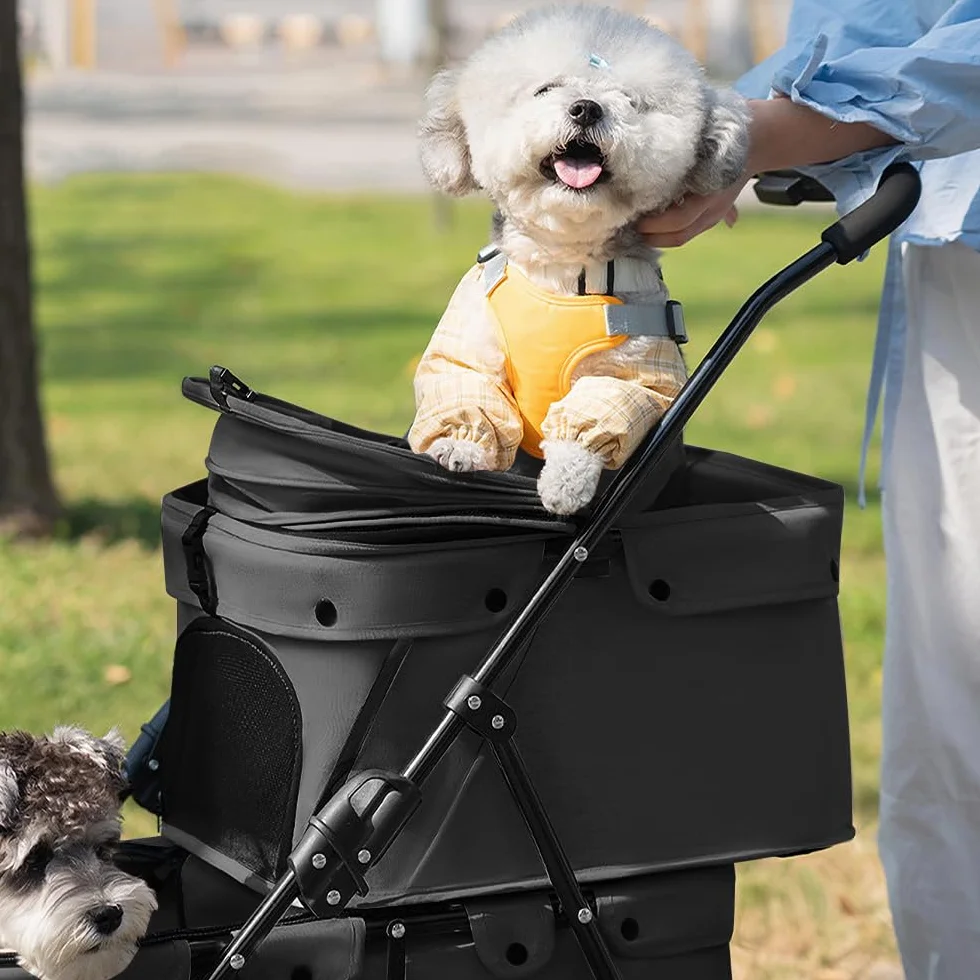 Passeggino a doppio strato, per cani, gatti, animali, viaggi, passeggino, pieghevole, cane, gatto, a quattro ruote, carrello, carrozzina, passeggino, passeggino, Buggy-67 x 50 x 95 cm, nero