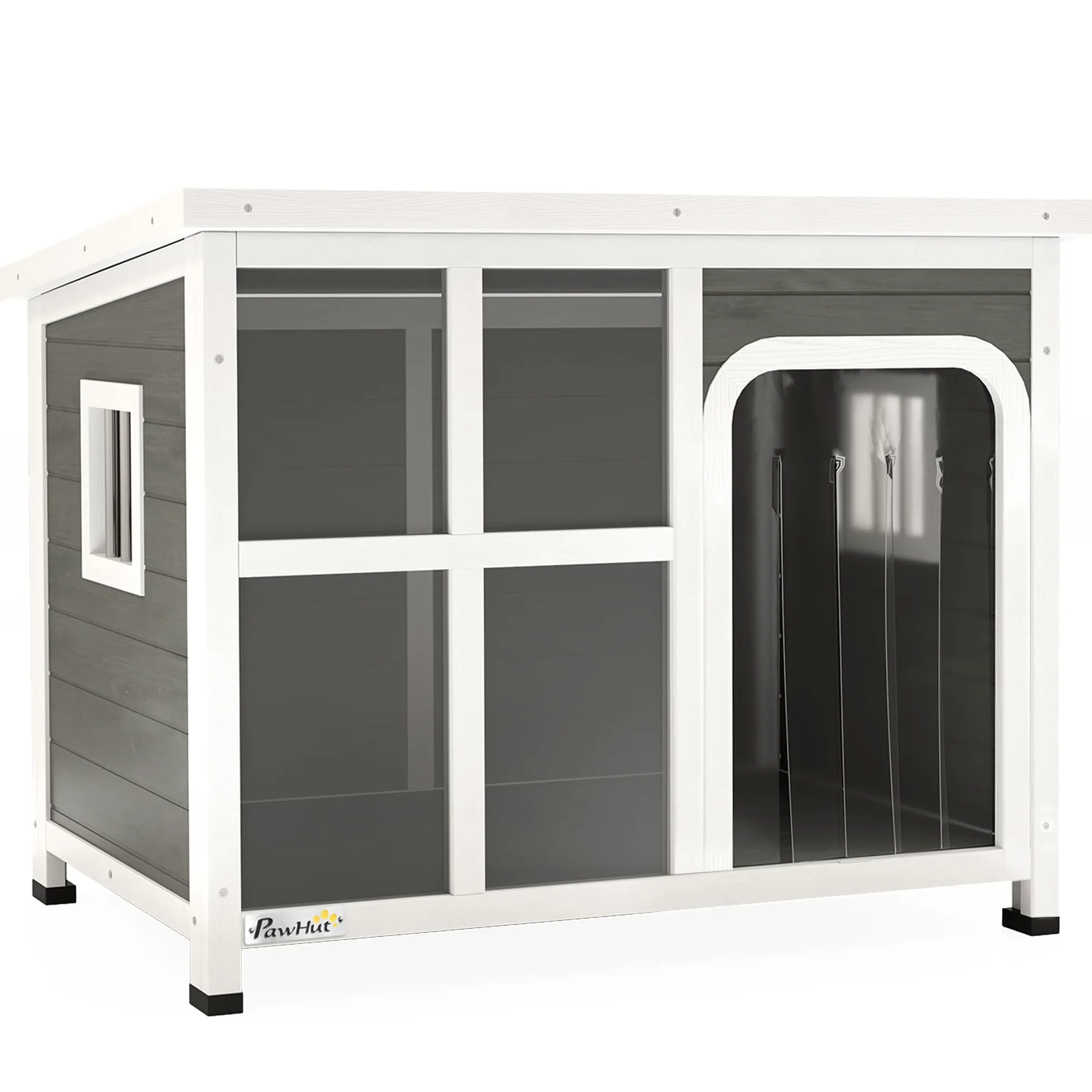 PawHut Casetta per Cani Taglia Piccola e Media con Finestrelle Laterali e Tendina da Ingresso, Cuccia per Cane da Esterno con Base Estraibile e Tettuccio Apribile, 90x62x71 cm, Grigio Chiaro