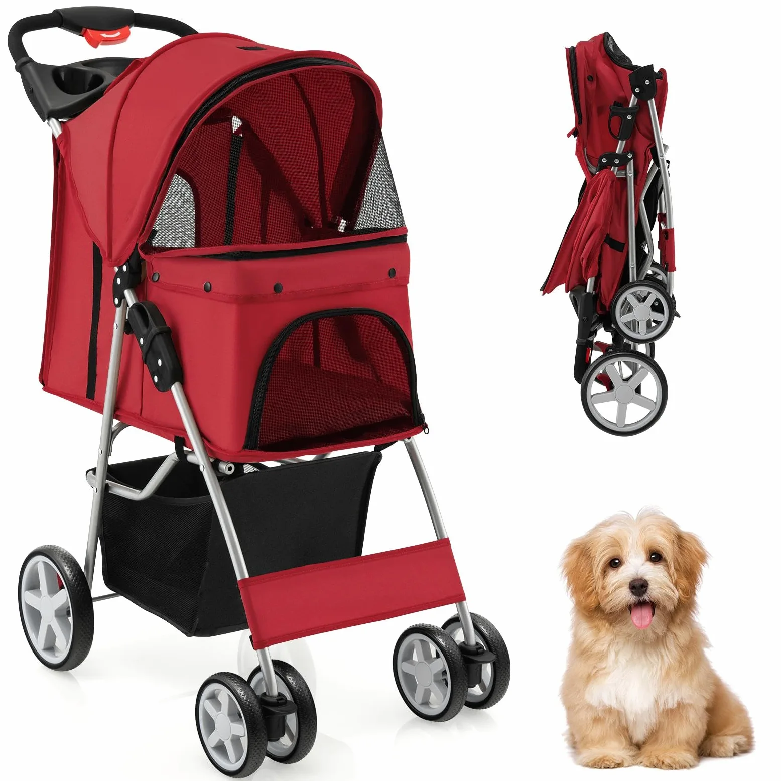 SOARS Passeggino per Cani e Gatti Pieghevole Fino 15 kg, Carrello per Animali Domestici, Trasportino Carrozzina Portatile da Viaggio e Passeggio con Tettuccio per Cuccioli, 87 x 46 x 102 cm (Rosso)