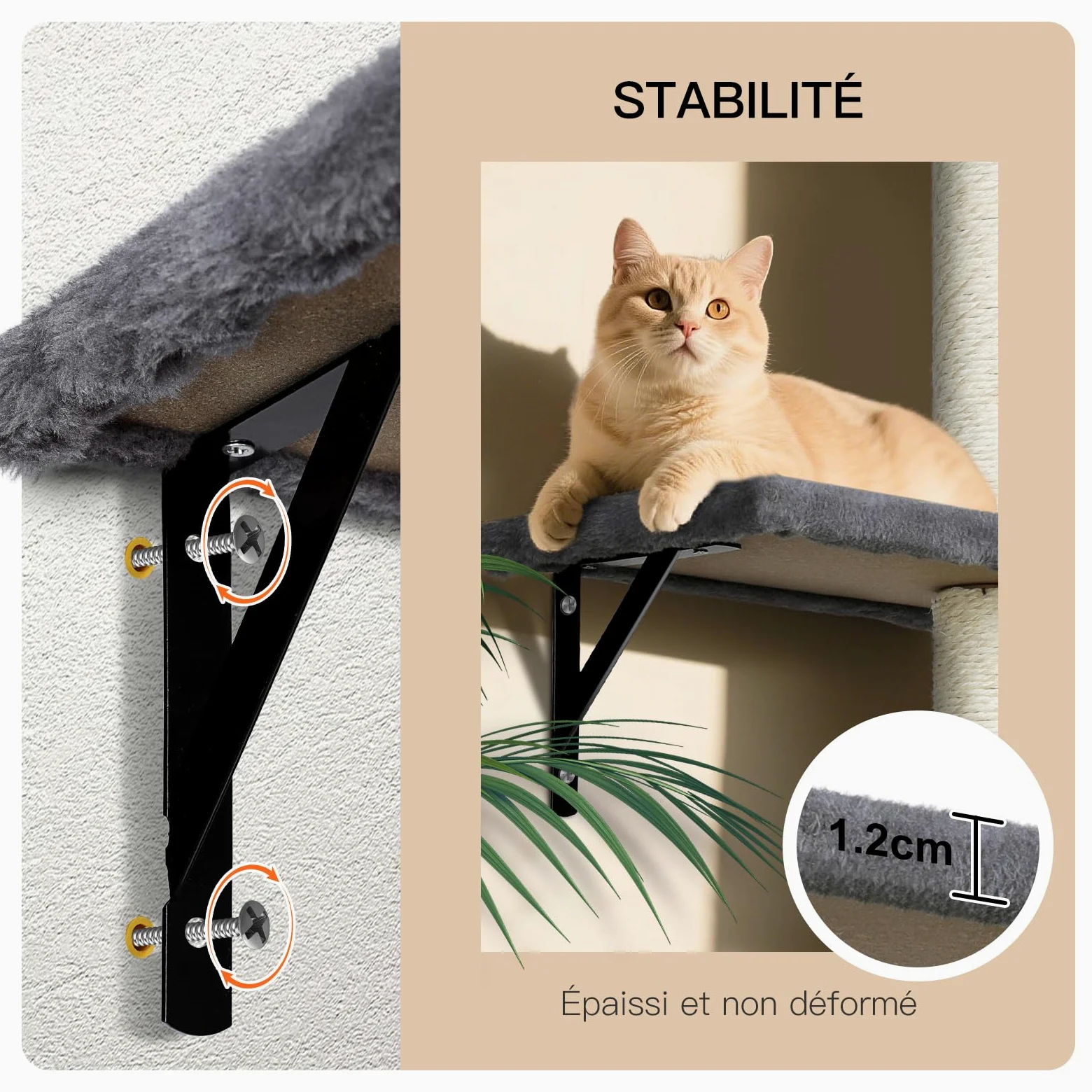 Zvonema Mensole da parete per gatti, set da arrampicata per gatti, confortevoli pareti in peluche con tiragraffi, albero per gatti da parete stabile per interni grandi e piccoli fino a 10 kg, grigio
