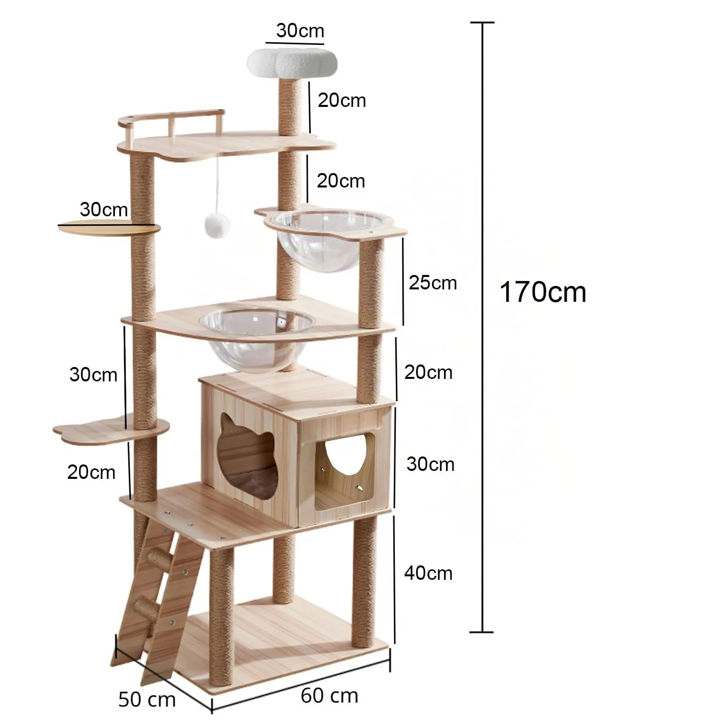 Albero per gatti da 170 cm, per interni, grande, adulto, torre con condominio, scale per gatti, 2 ciotole, 14 tiragraffi in sisal, posatoio superiore, con piattaforma imbottita, palline